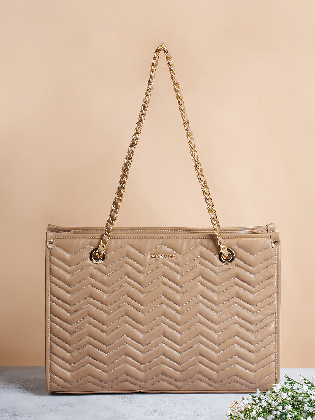 Women Solid Beige Synthetic Leather Chain Strap Two-Handles