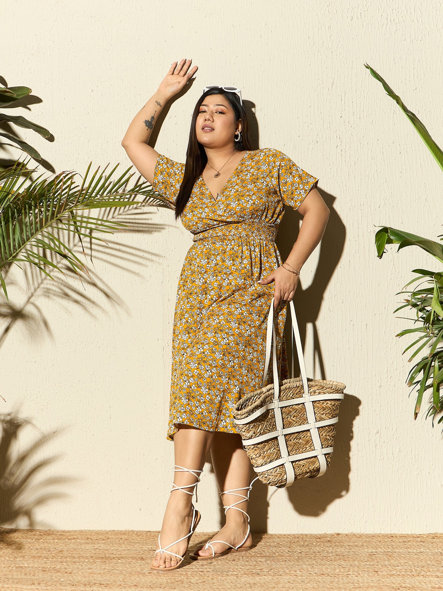 Women Mustard Yellow White Floral Printed V-Neck Short Sleeves Wrap Smocked Fit Flare Midi Dress Berrylush Curve