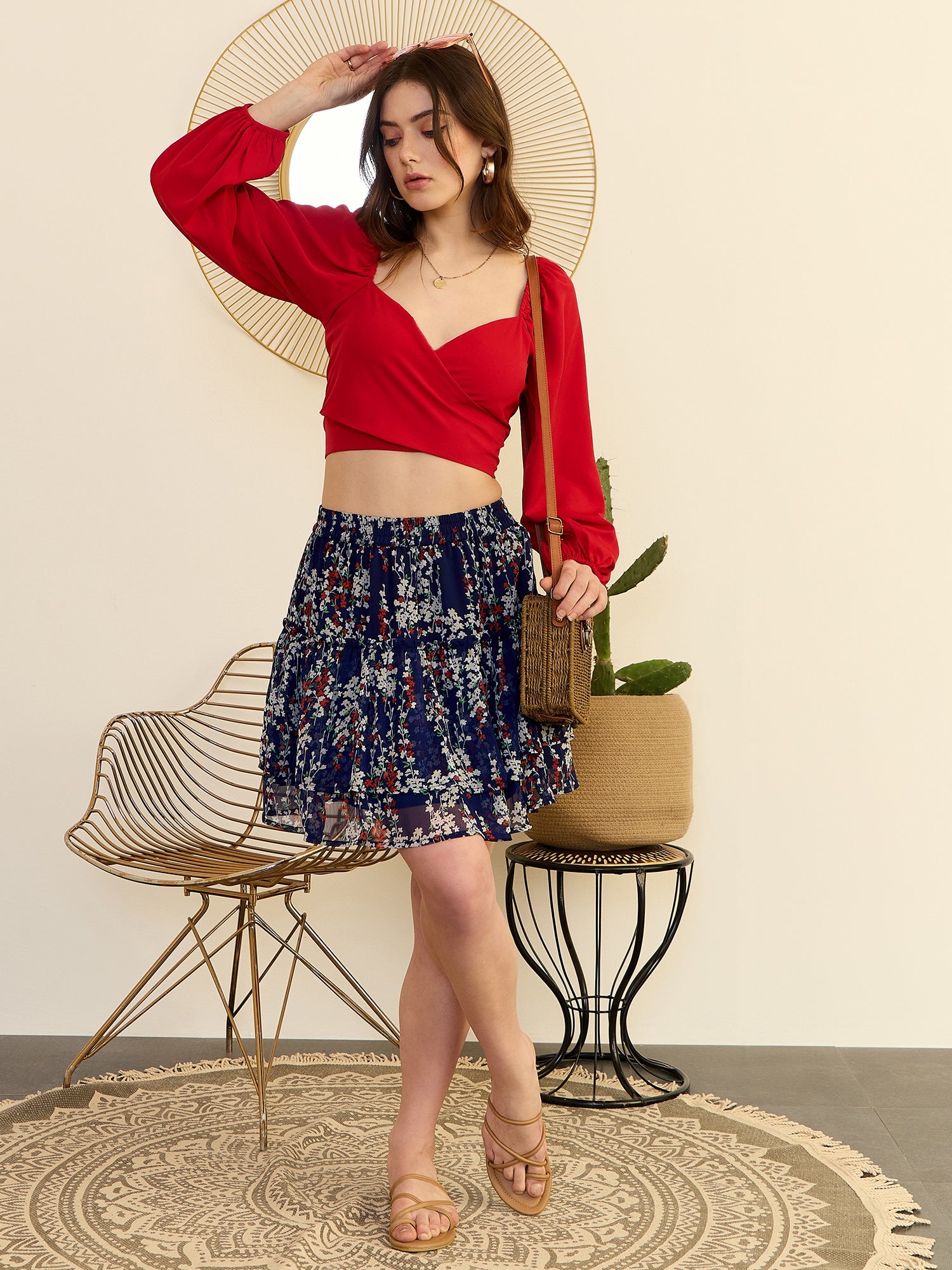 Women Navy Blue, White, Red Floral Printed High-Rise Elastic