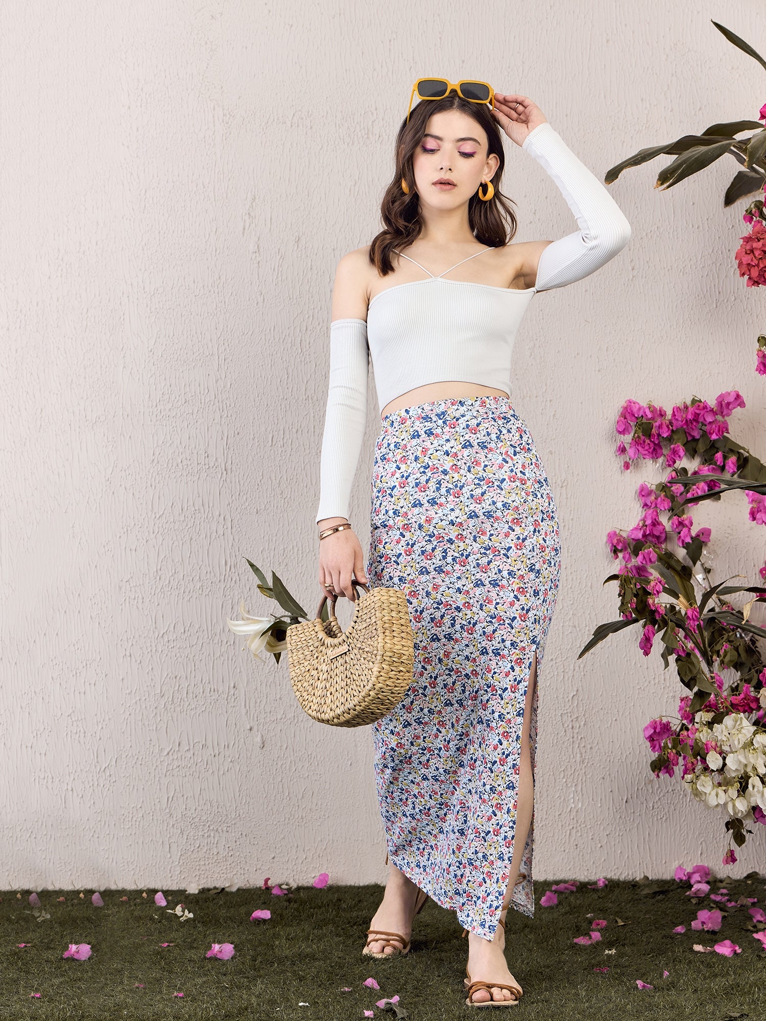 Women White Multicolour Floral Printed High-Rise Waist Cotton