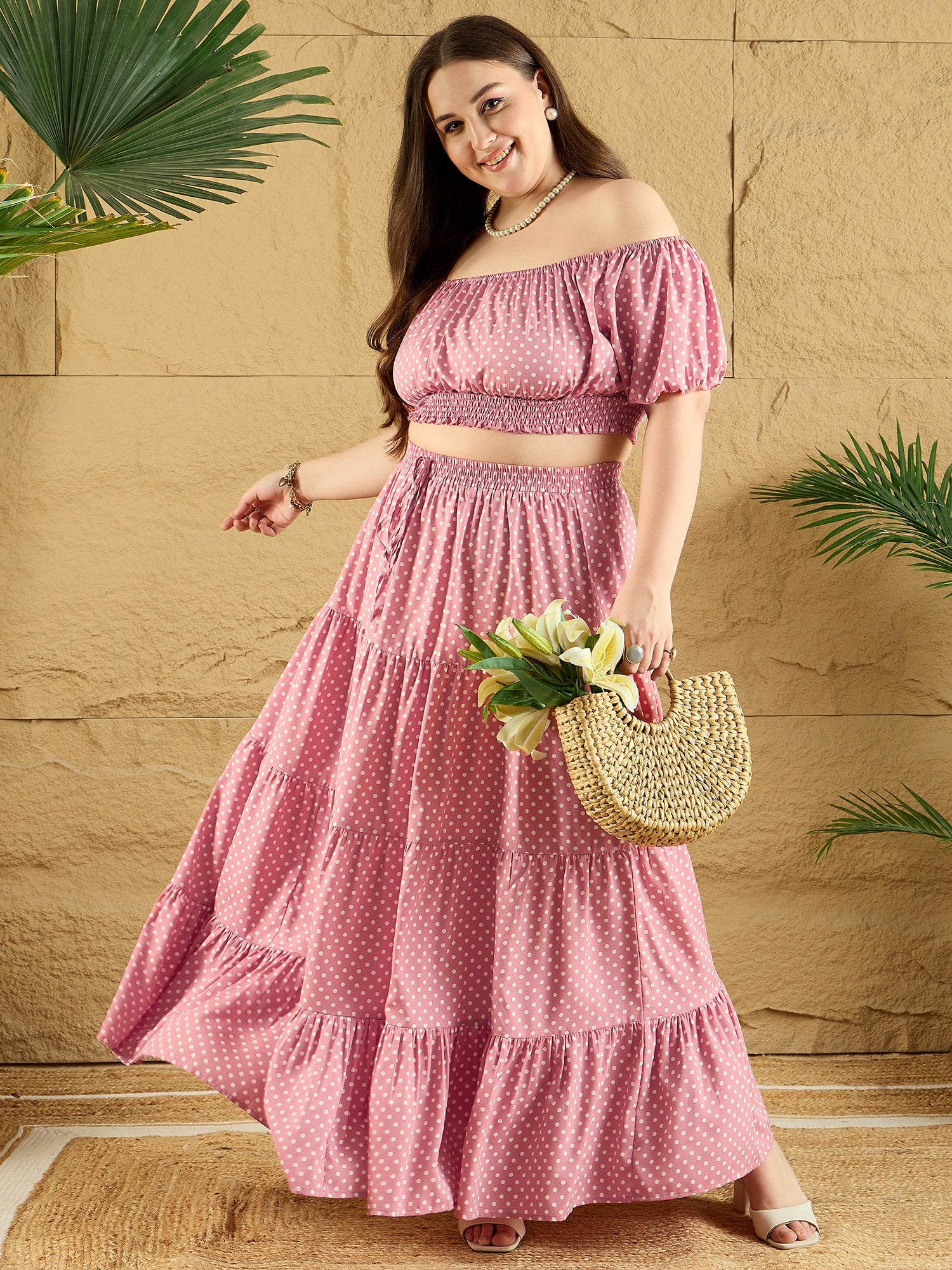Women Pink & White Polka Dot Printed Off-Shoulder Neck Smocked Crop Top & High-Rise Elastic Waist Tiered Maxi Skirt Co-Ord Set - Berrylush Curve Women Pink & White Polka Dot Printed Off-Shoulder Neck Smocked Crop Top & High-Rise Elastic Waist Tiered Maxi Skirt Co-Ord Set - Berrylush Curve