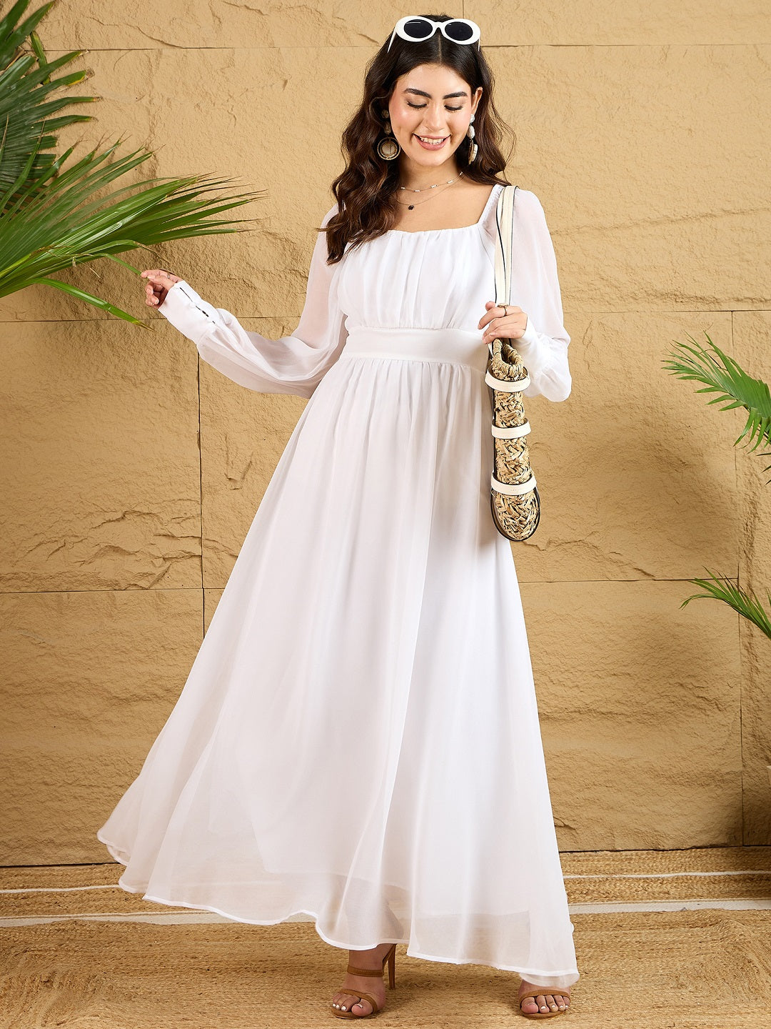 Women Solid White Square Neck Puff Sleeves Back Concealed Zipper-Up Pleated A-Line Maxi Dress - Berrylush Women Solid White Square Neck Puff Sleeves Back Concealed Zipper-Up Pleated A-Line Maxi Dress - Berrylush
