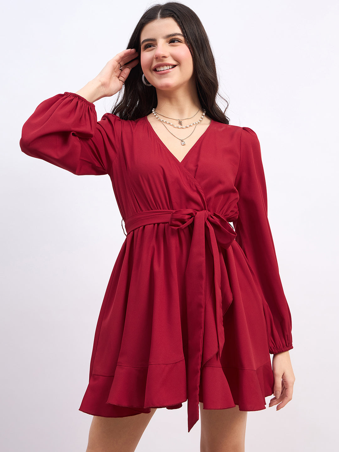 Women Solid Red V-Neck Bishop Sleeves Tie-Up Waist Wrap Ruffled