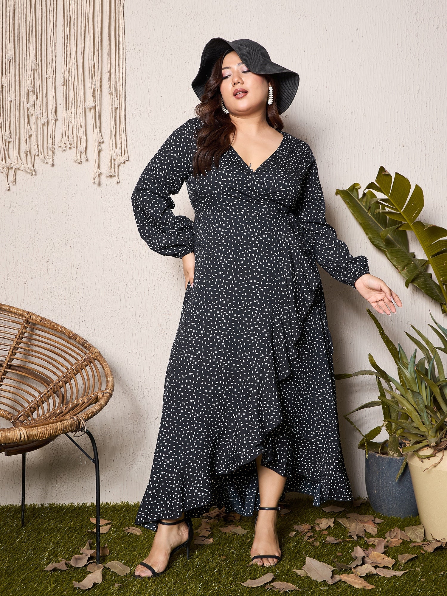 Women Black White Polka Dot Printed V-Neck Bishop Sleeves Waist Tie-Up  Tulip Hem Wrap Ruffled Maxi Dress Berrylush Curve