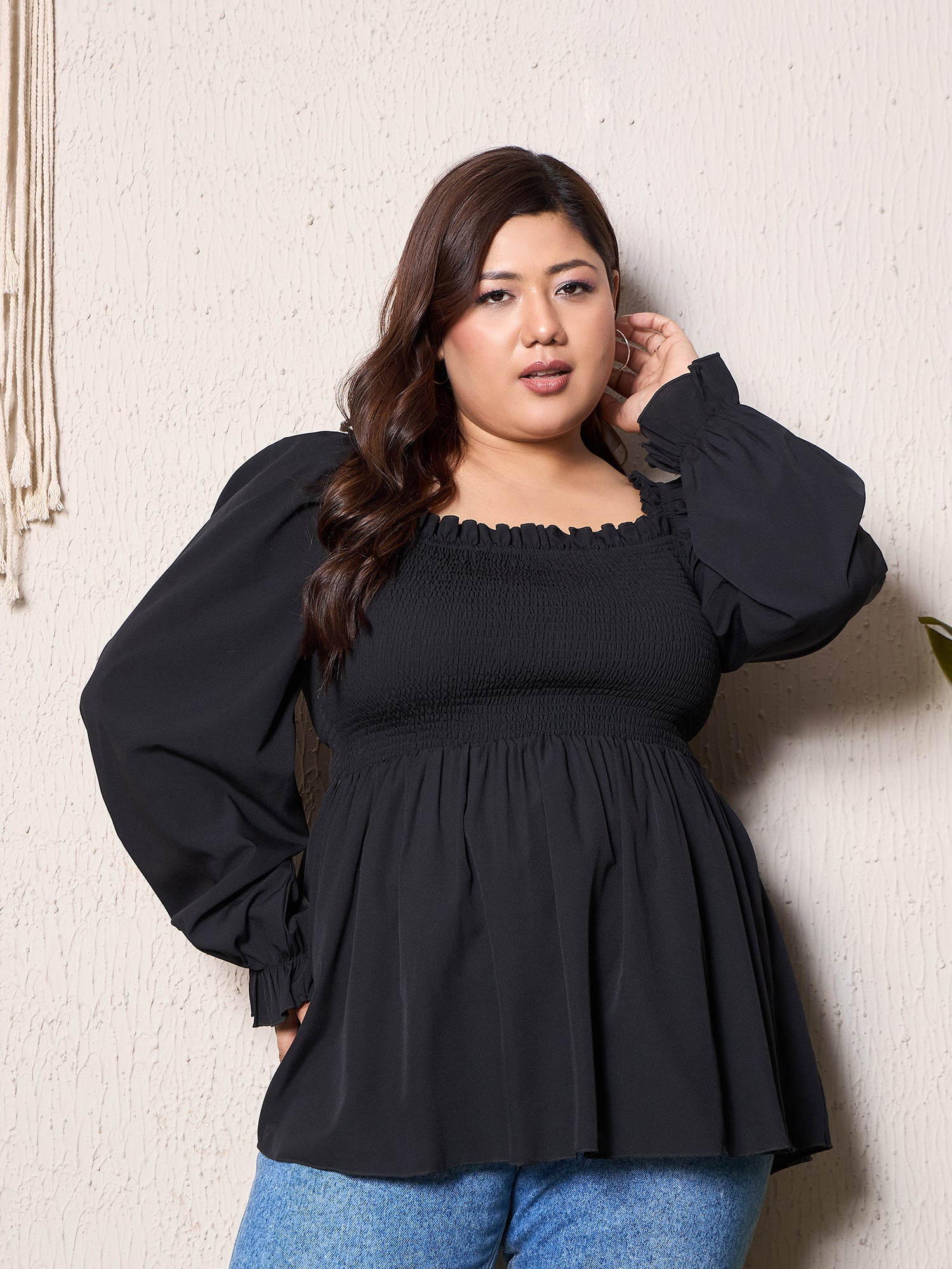 Women Solid Black Square Neck Puff Sleeves Smocked Regular Peplum