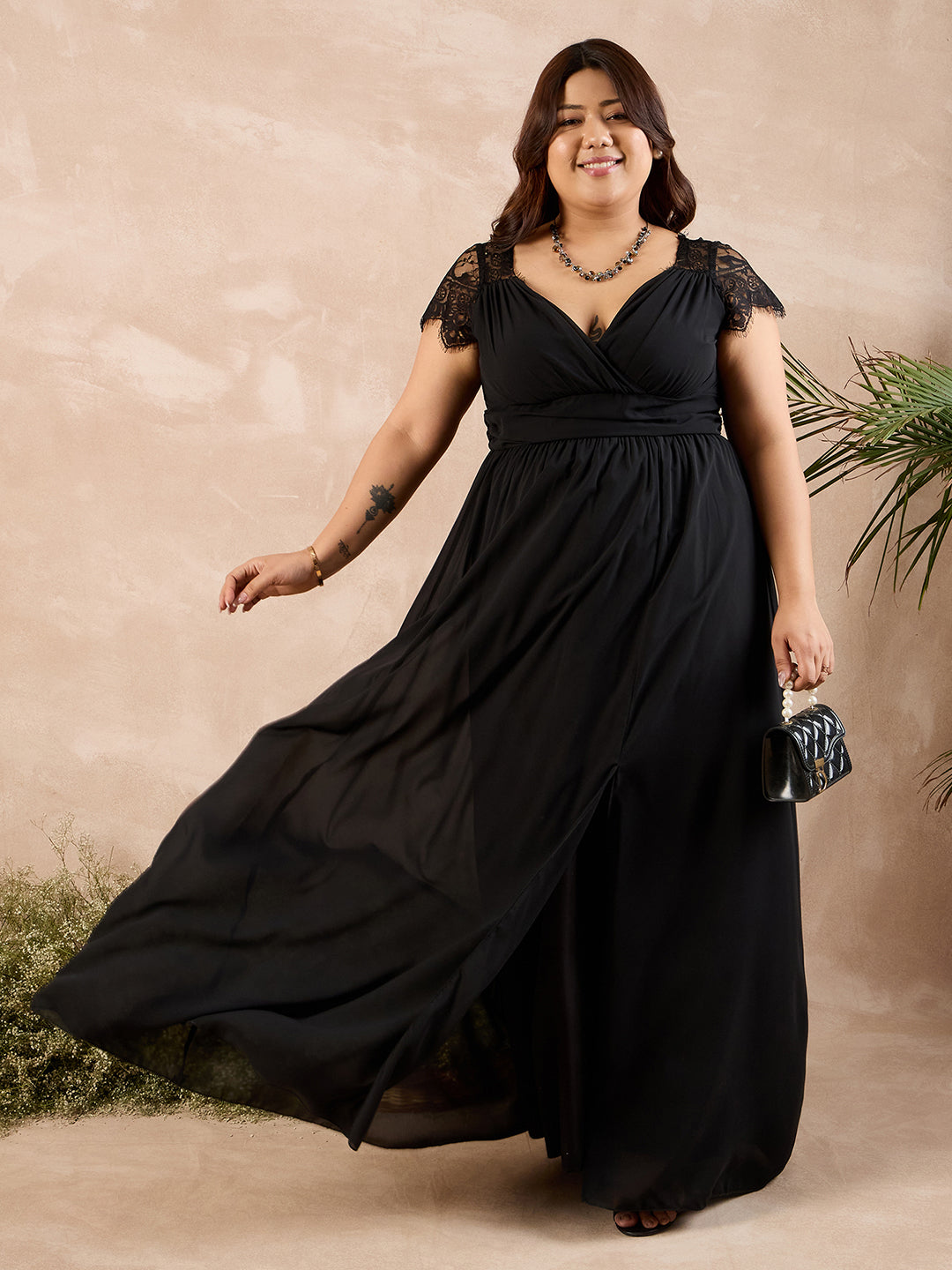 Women Solid Black Sweetheart Neck Lace Sleeves Thigh-High Slit Flared Maxi Dress - Berrylush Curve Women Solid Black Sweetheart Neck Lace Sleeves Thigh-High Slit Flared Maxi Dress - Berrylush Curve