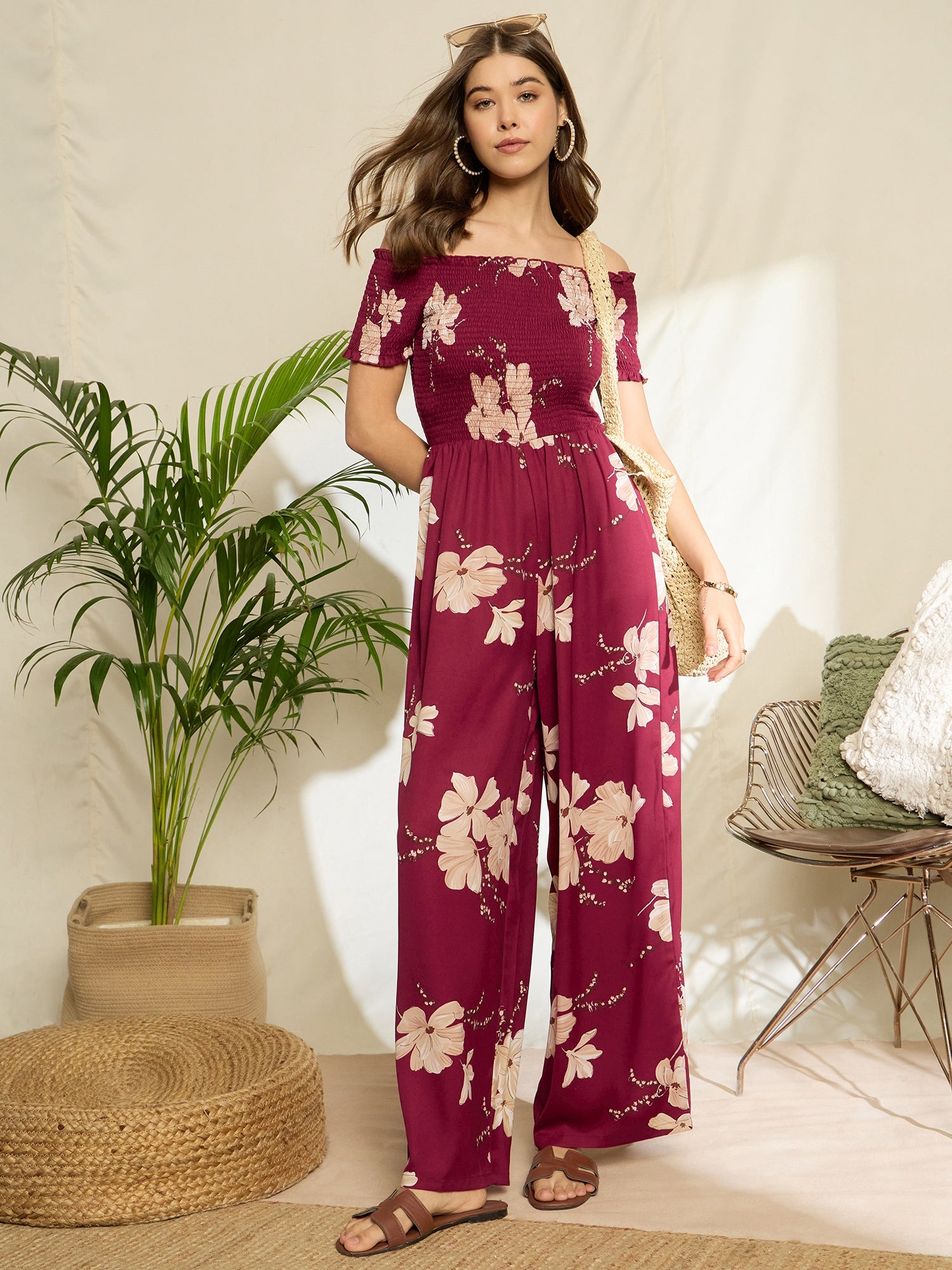Women Maroon White Floral Printed Off-Shoulder Neck Short Sleeves  Wide-Leg Straight Hem Smocked Maxi Jumpsuit Berrylush