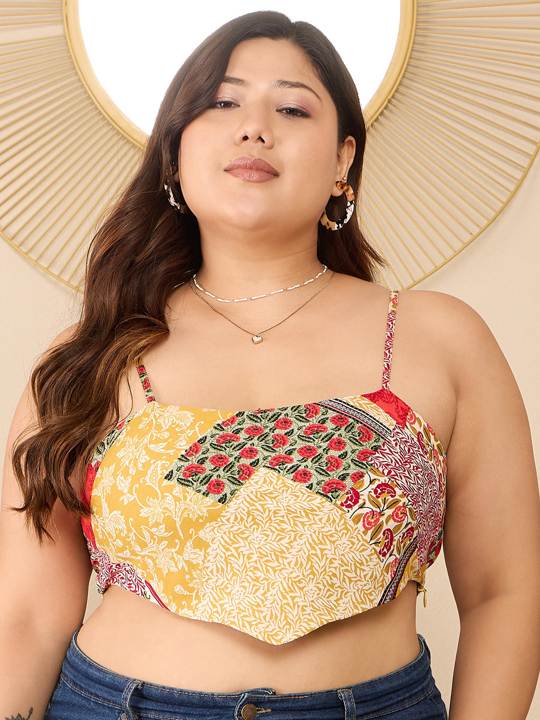 Women Red Yellow Floral Printed Square Neck Sleeveless Hanky Hem