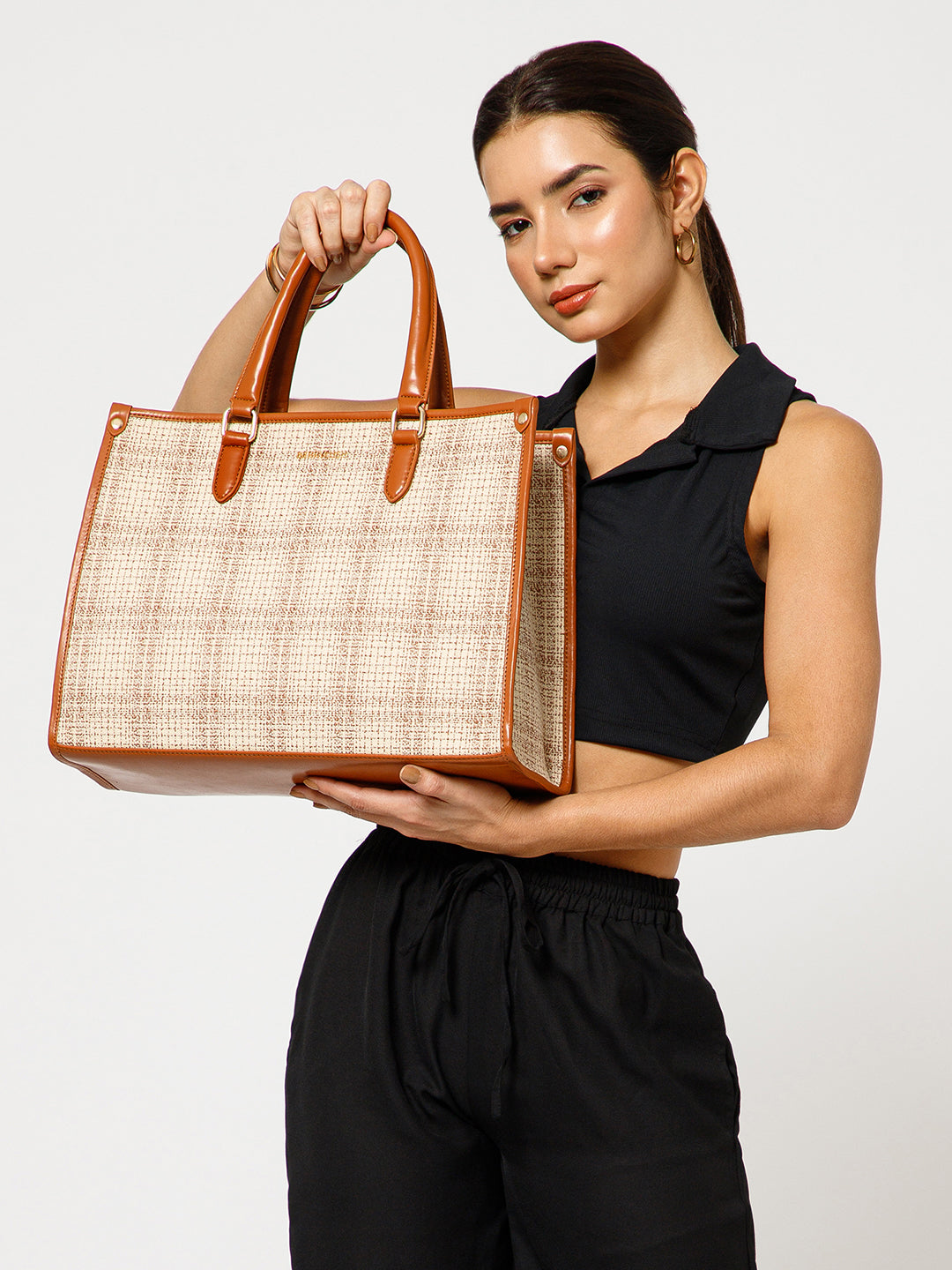 Berrylush Women Cream Checked Structured Two Handles Tote Bag