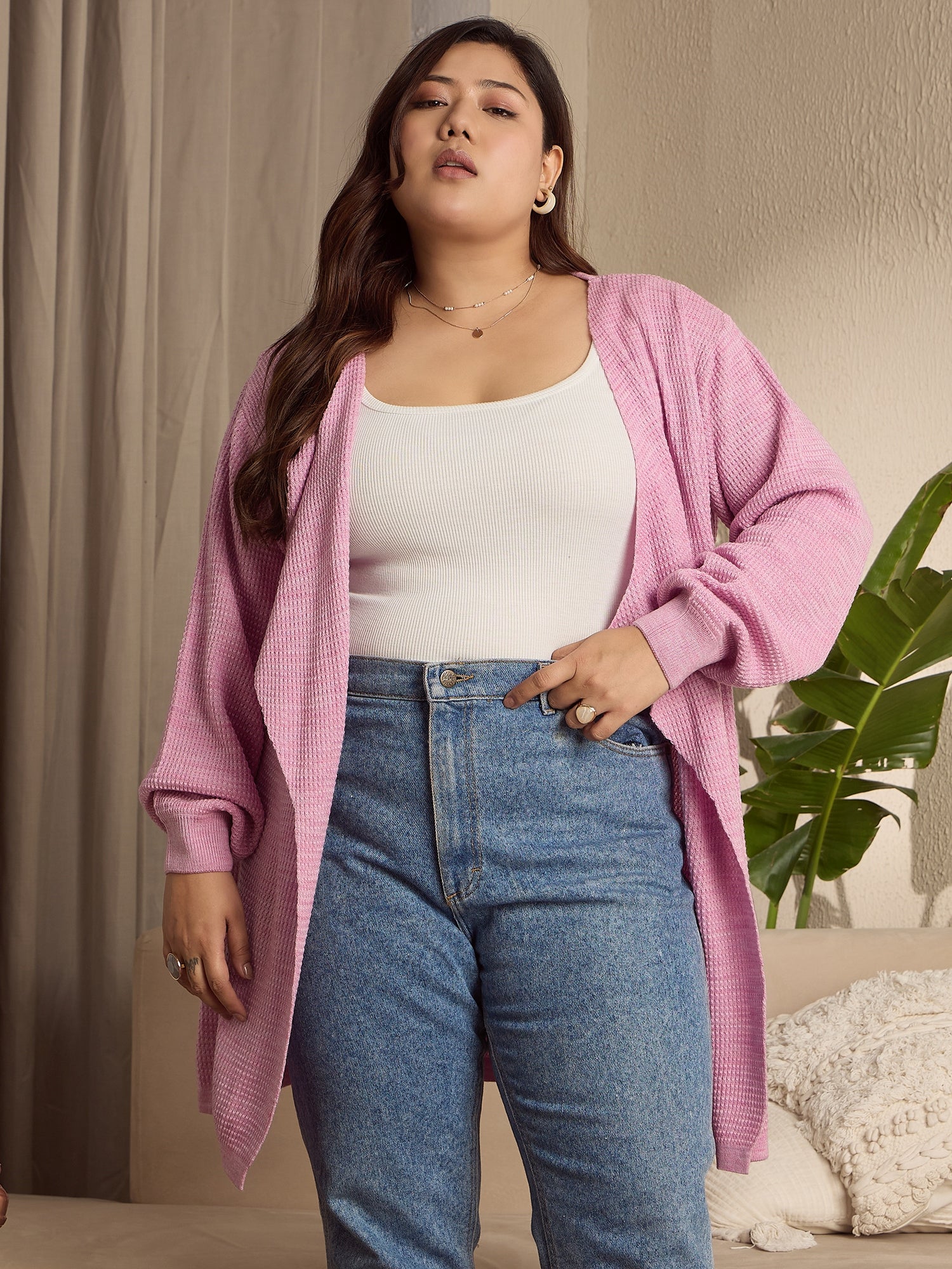 Women Solid Purple Open-Front Acrylic Straight Hem Knitted