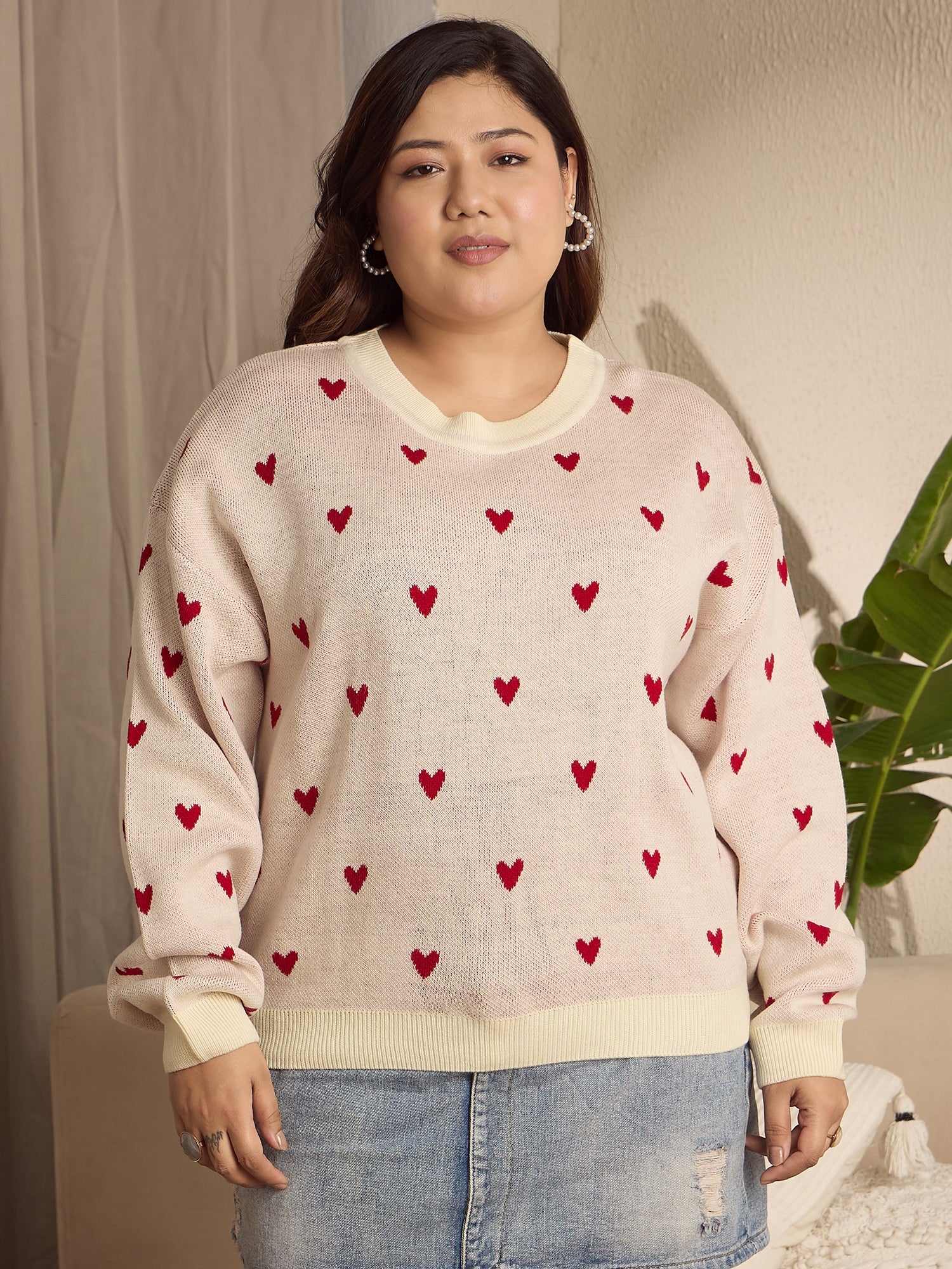 Women Pink Red Heart Printed Round Neck Acrylic Ribbed Hem