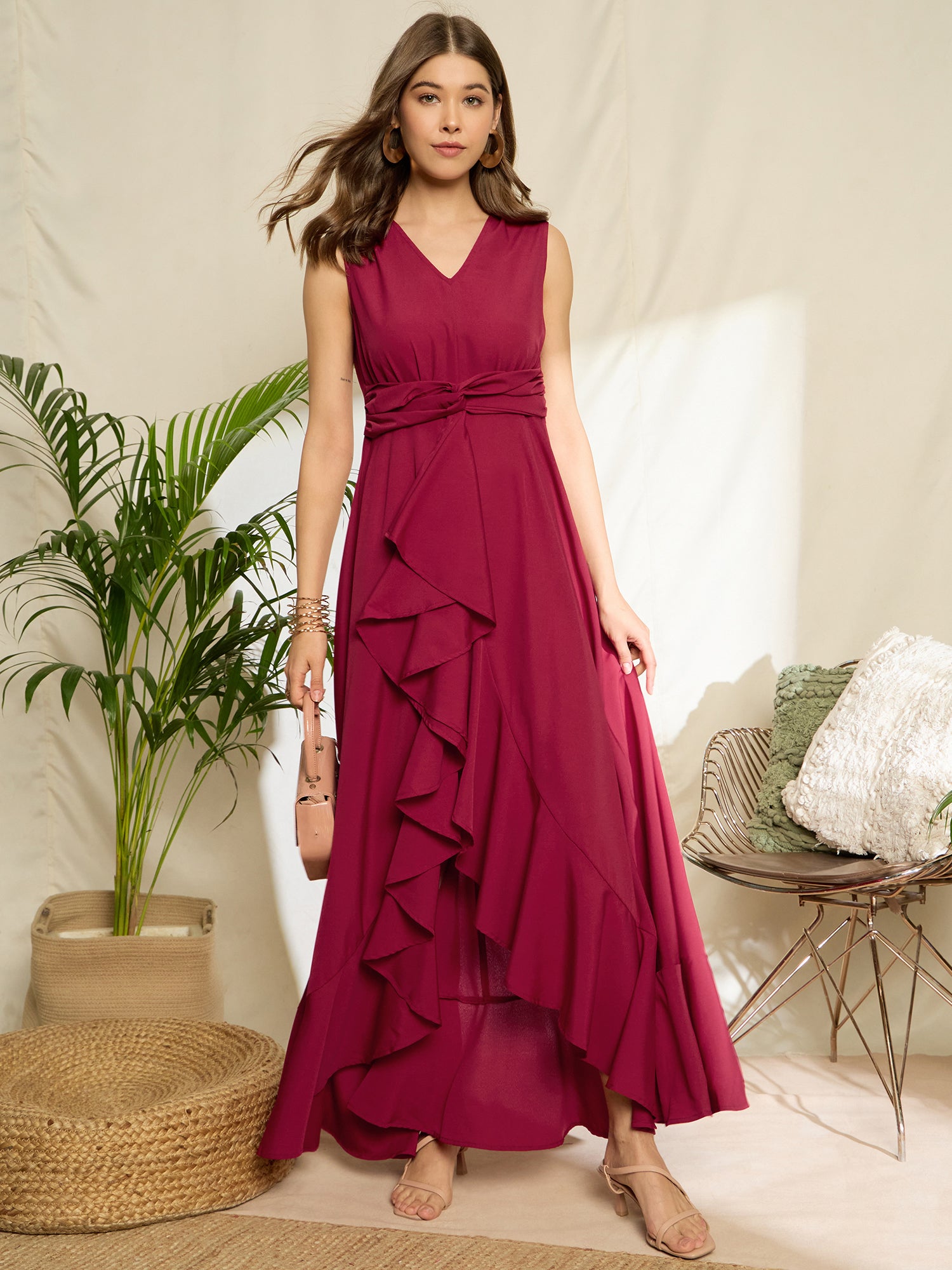 Women Solid Red V-Neck Sleeveless High-Low Hem Ruffled A-Line Maxi