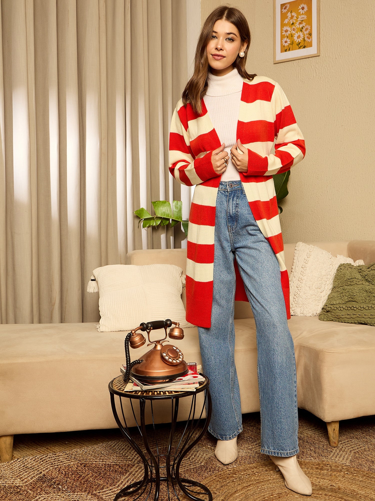 Women Orange White Striped Print V-Neck Drop-Shoulder Sleeves