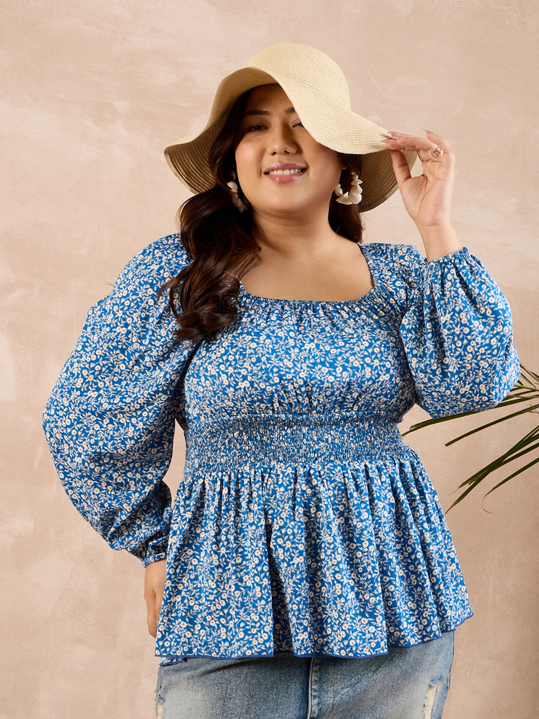 Women Blue White Floral Printed Square Neck Puff Sleeves Smocked