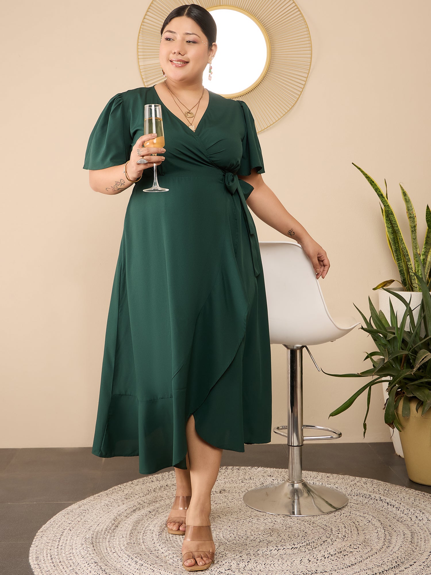 Women Solid Green V-Neck Flared Sleeves Tie-Up Waist Asymmetrical Hem Wrap Ruffled Maxi Dress - Berrylush Curve Women Solid Green V-Neck Flared Sleeves Tie-Up Waist Asymmetrical Hem Wrap Ruffled Maxi Dress - Berrylush Curve