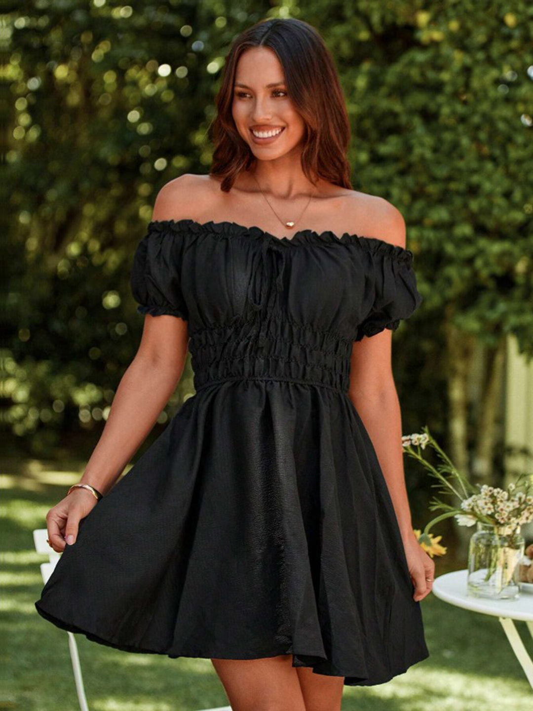 Berrylush Women Black Solid Off-Shoulder A-line Mini Dress