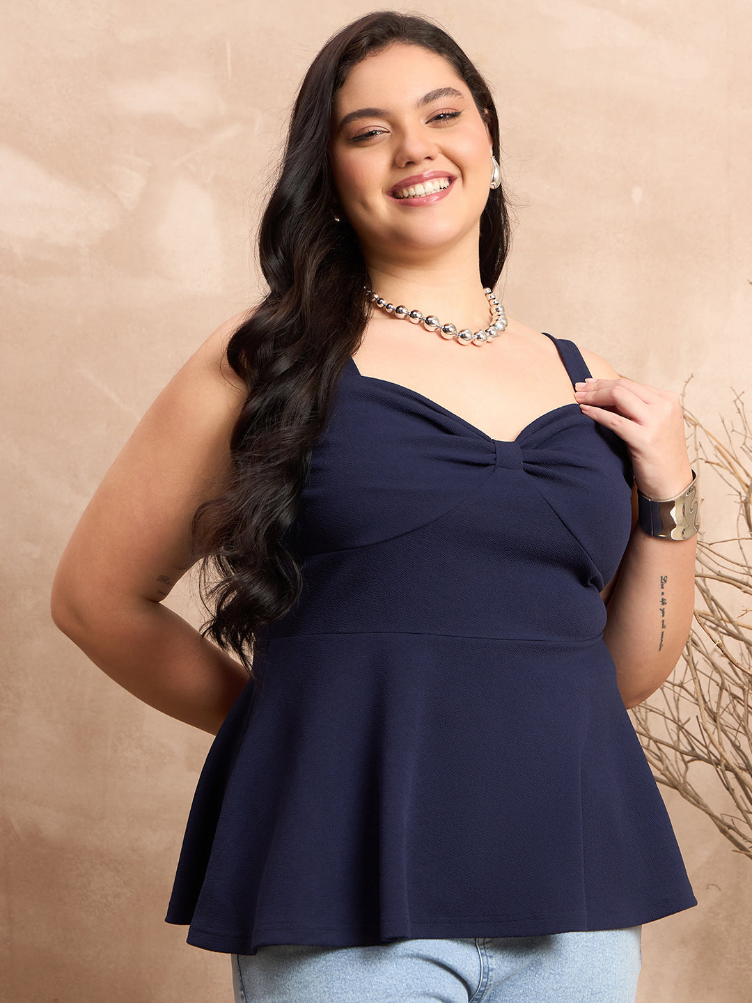 Berrylush Curve Women Navy Blue Solid Ruched Detail Peplum Top