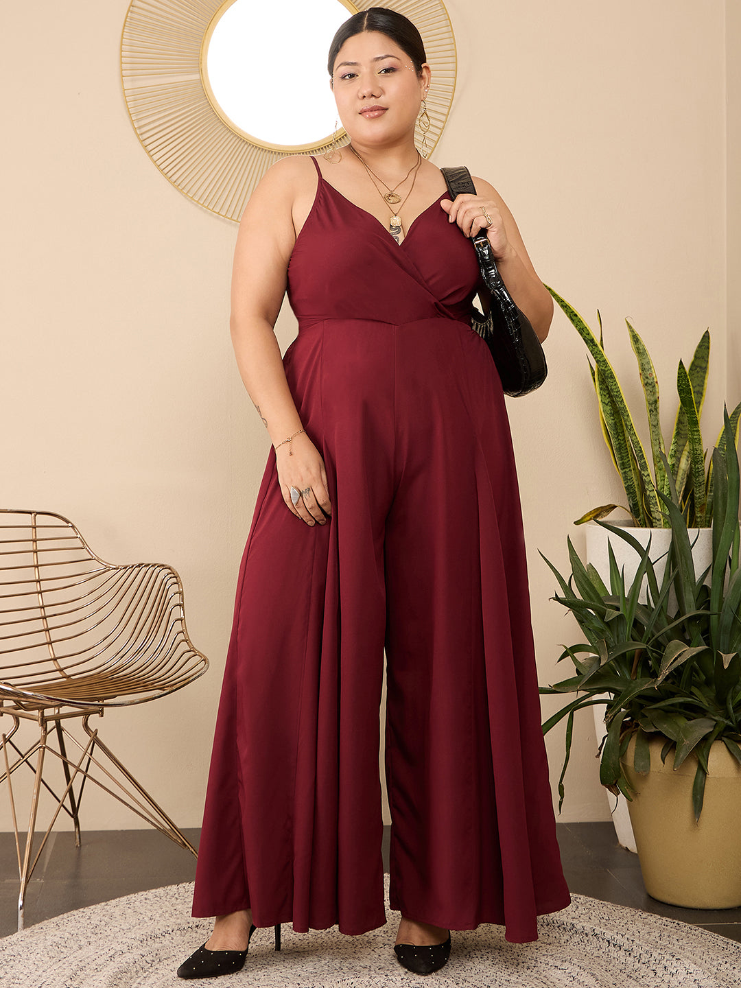 Women Solid Maroon V-Neck Sleeveless Smocked Back Wide-Leg