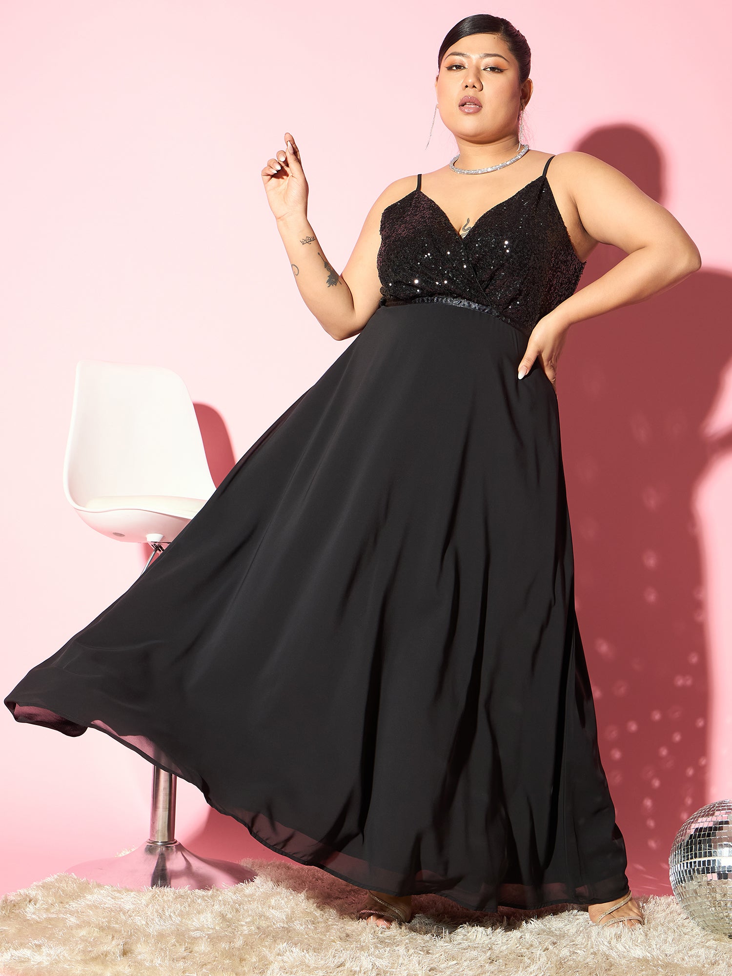 Women Solid Black V-Neck Sleeveless Embellished Sequin Flared A