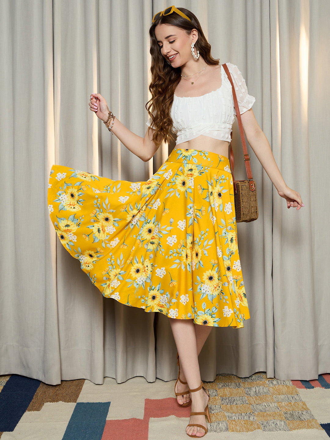 Wear Yellow Floral Long Skirt Women Yellow Green Floral Printed