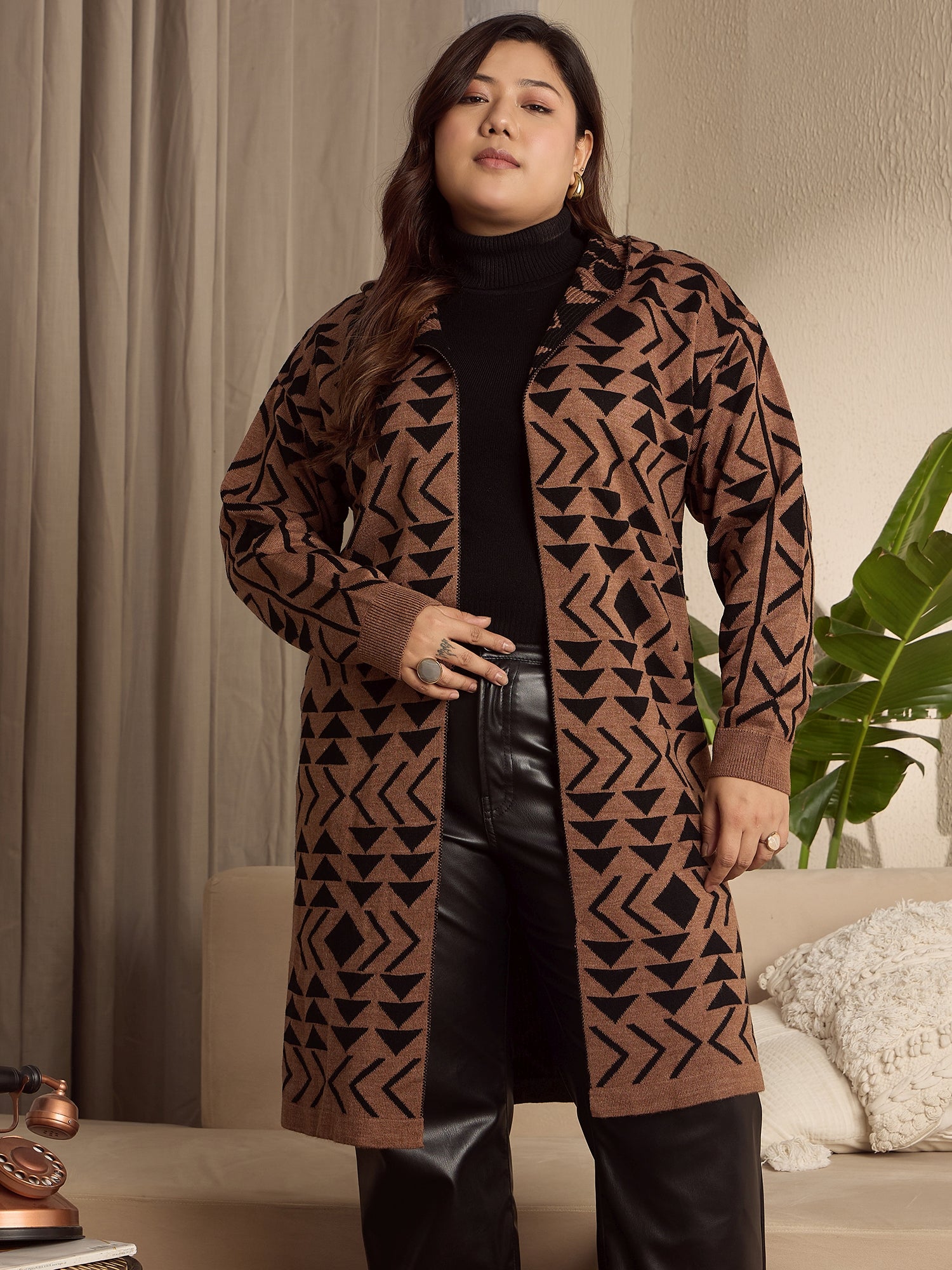 Women Brown Black Geometric Printed Hood Neck Drop-Shoulder