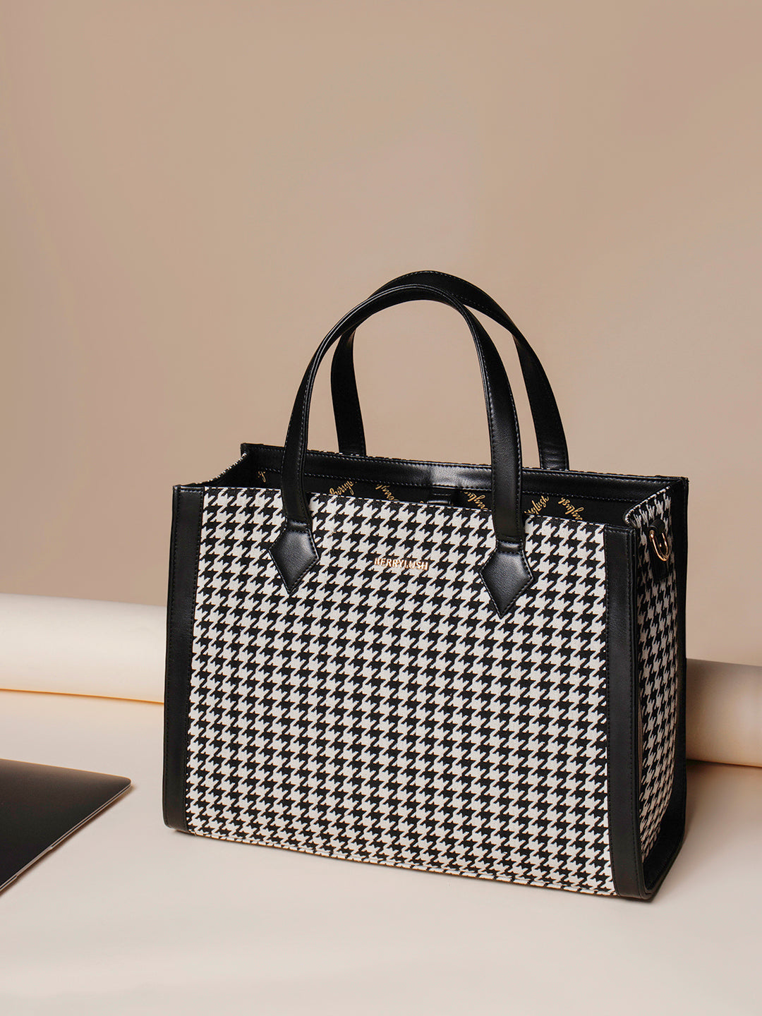 Women Black White Houndstooth Printed Fabric Push-lock Detachable Strap Tote Bag Berrylush