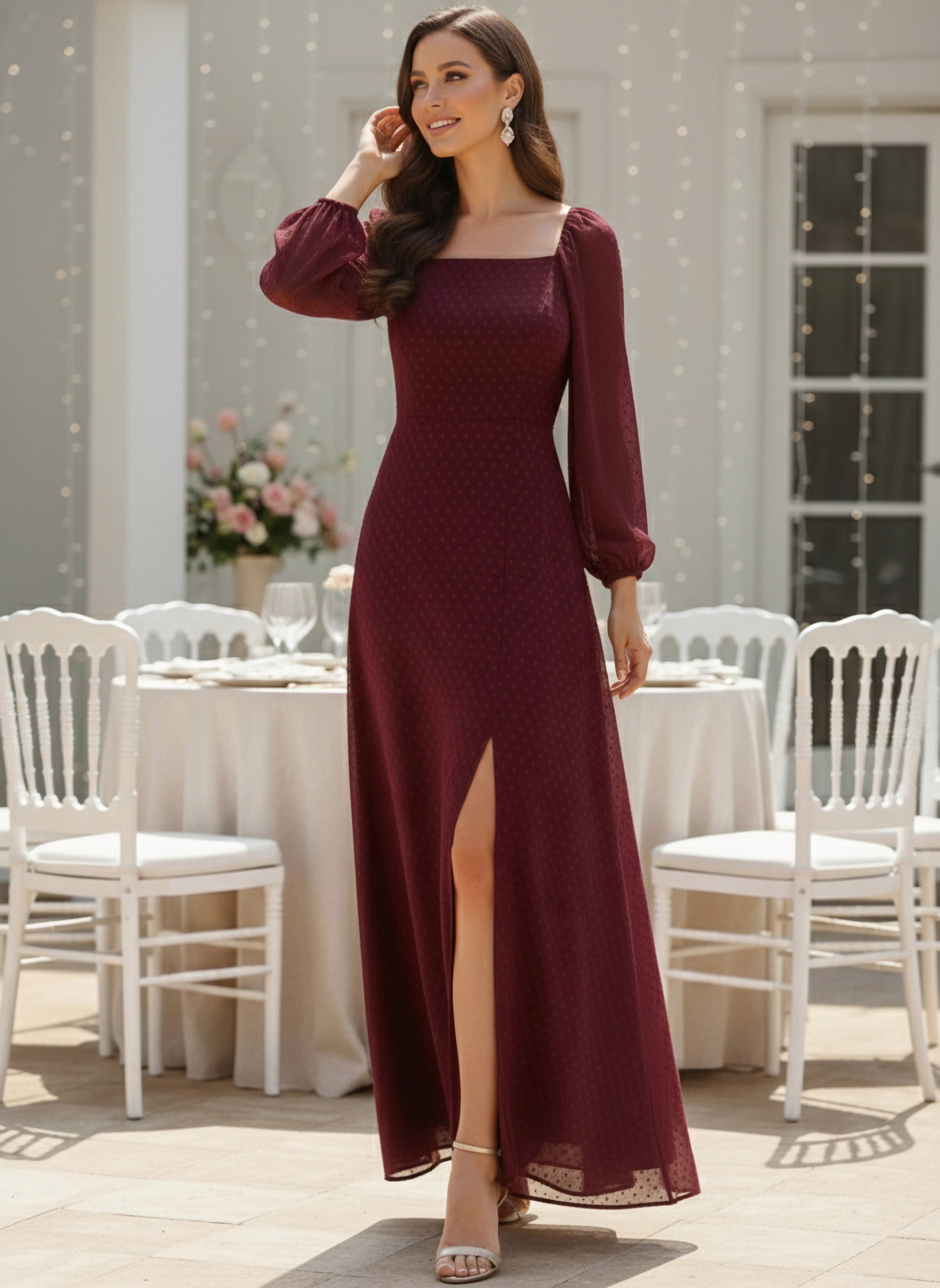 knee length dresses for ladies Burgundy Long Sleeves A-line Satin Long Prom Dresses Evening Dresses, MP158 main image 0