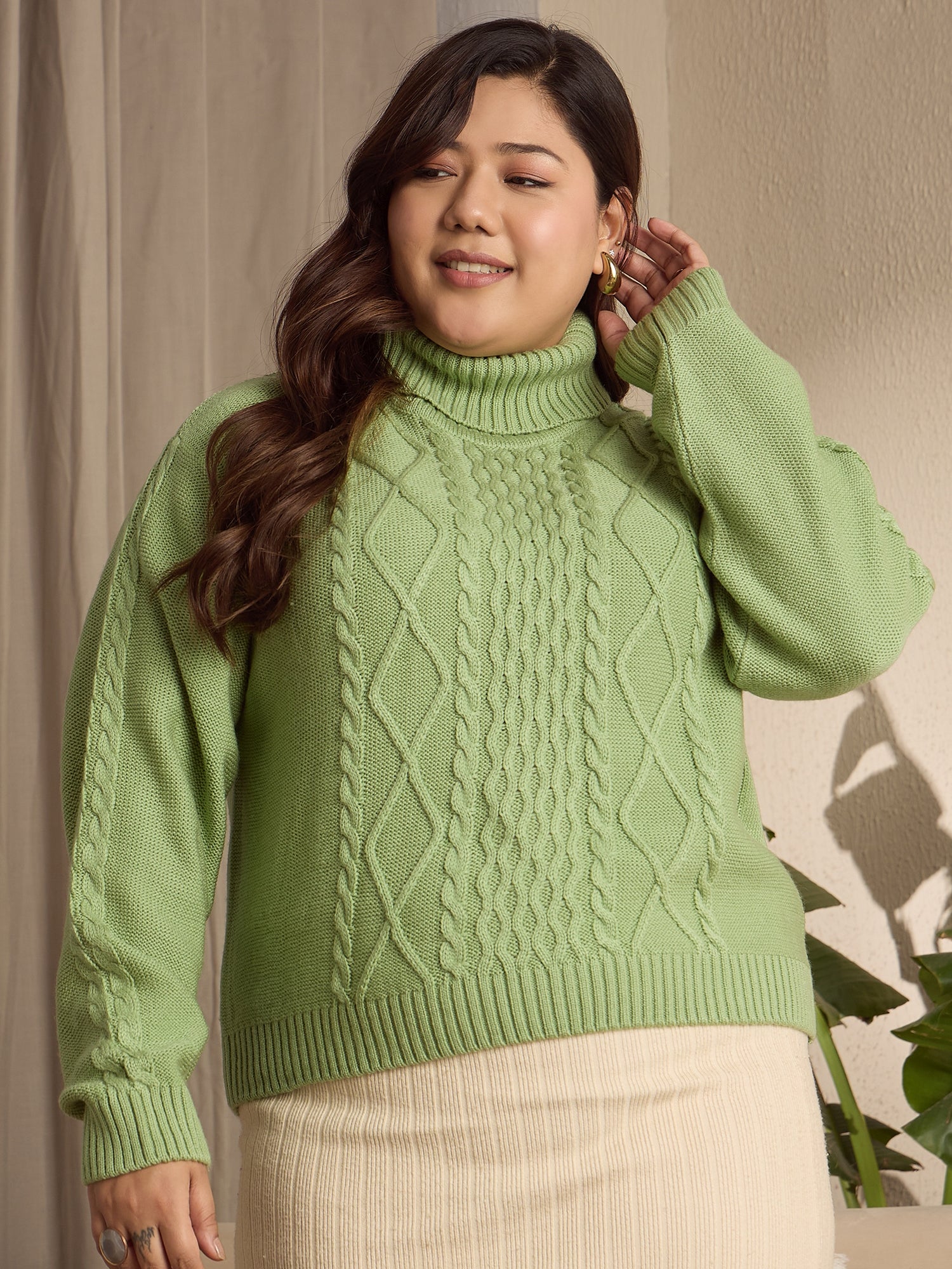 Women Solid Light Green Turtle Neck Acrylic Ribbed Hem Cable Knitted  Regular Sweater Berrylush Curve