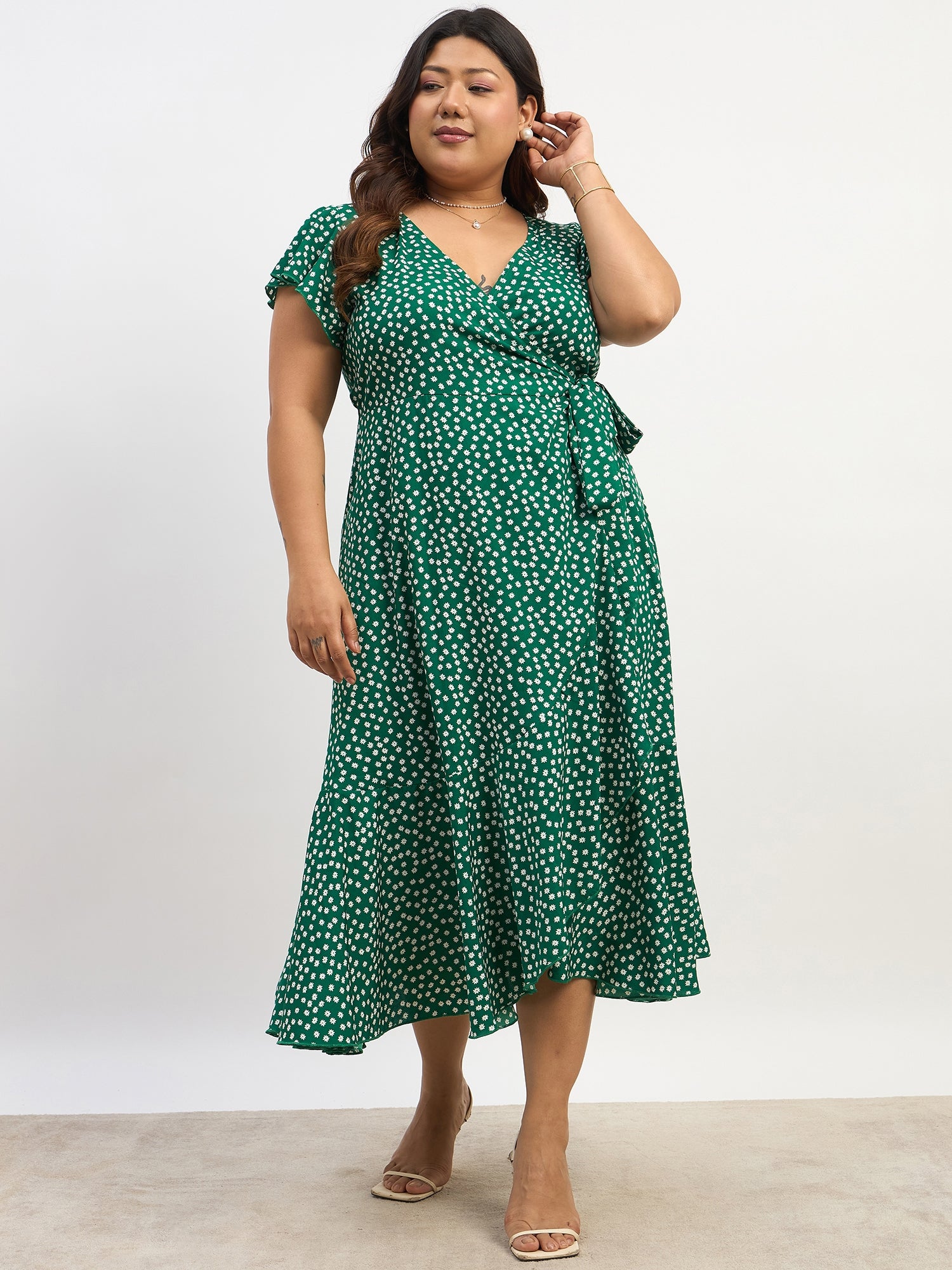 Women Green White Floral Printed V-Neck Flutter Sleeve Waist Tie-Up  Straight Hem Wrap Midi Dress Berrylush Curve