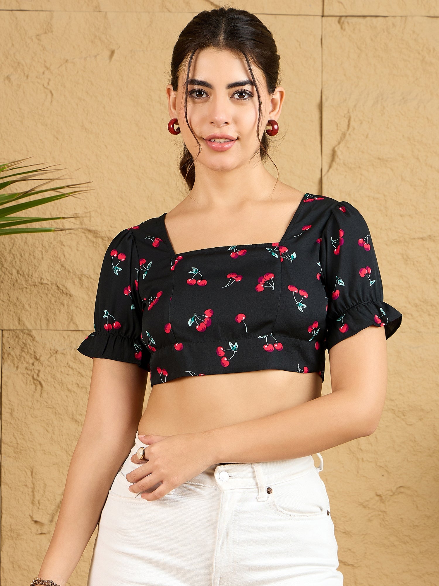 Women Black Red Cherry Printed Square Neck Puff Sleeves Tie-Up