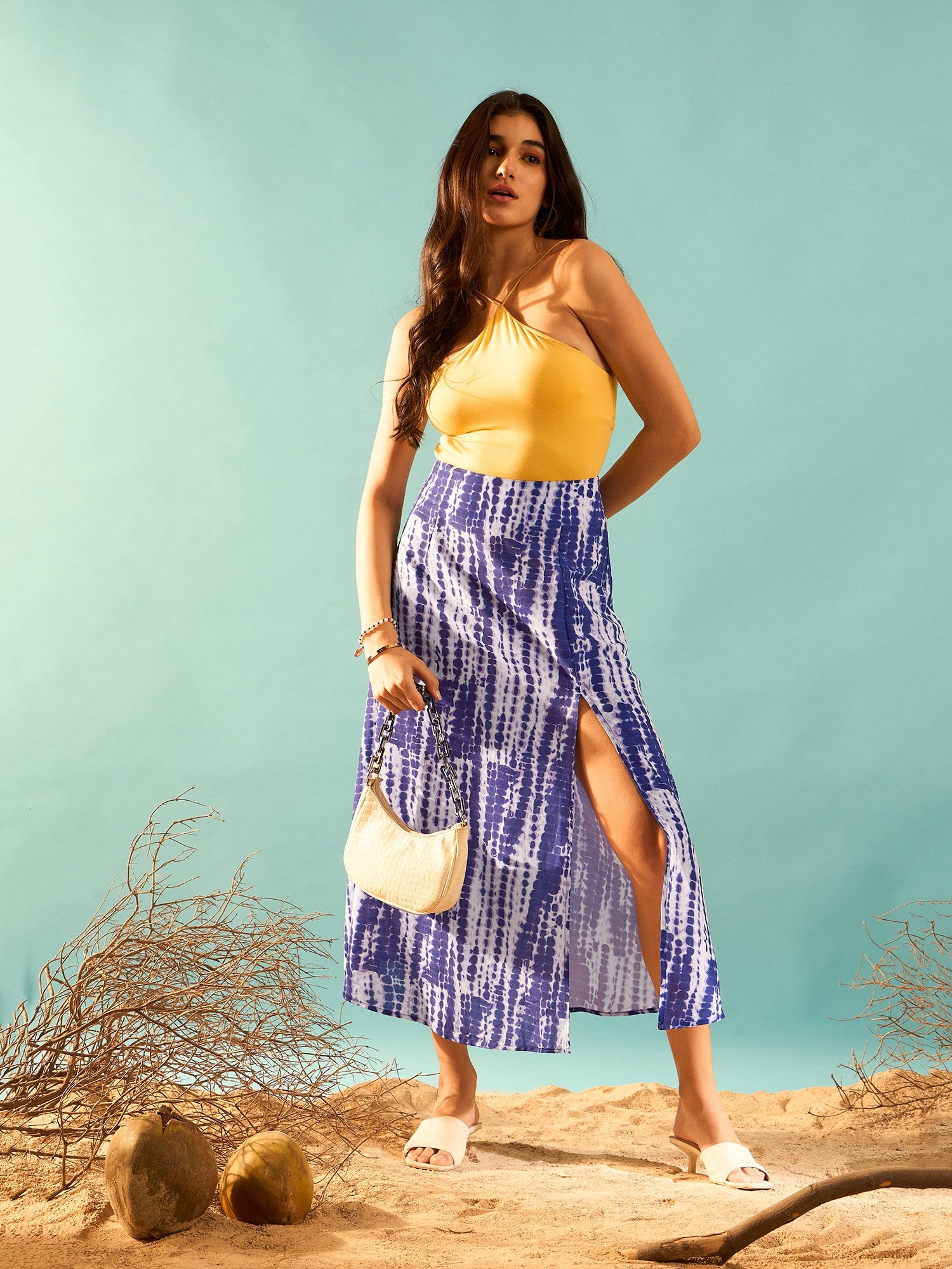 Women Blue White Tie-Dye Printed High-Rise Waist Straight Hem