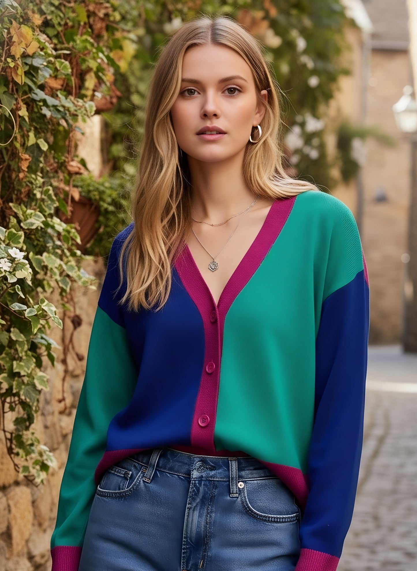 Berrylush Women Colourblocked Pink, Green, & Blue V-Neck Drop-Shoulder Sleeves Front Button-Up Straight Hem Knitted Regular Cardigan