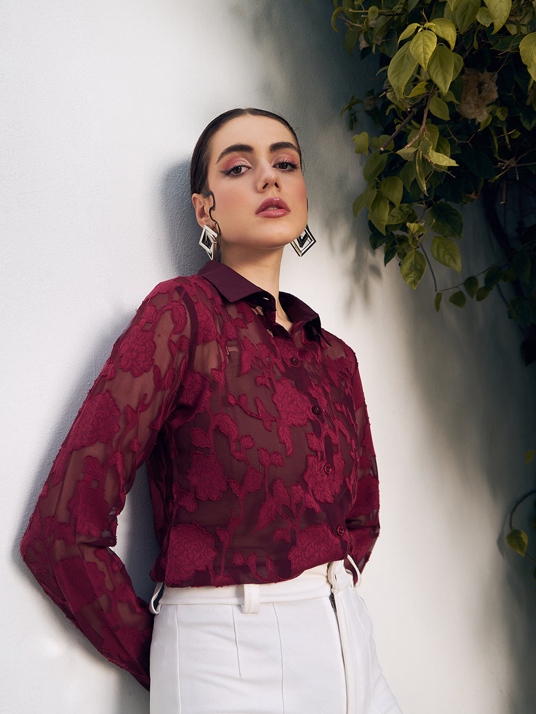 Berrylush Women Maroon Self Design Spread Collar Casual Shirt