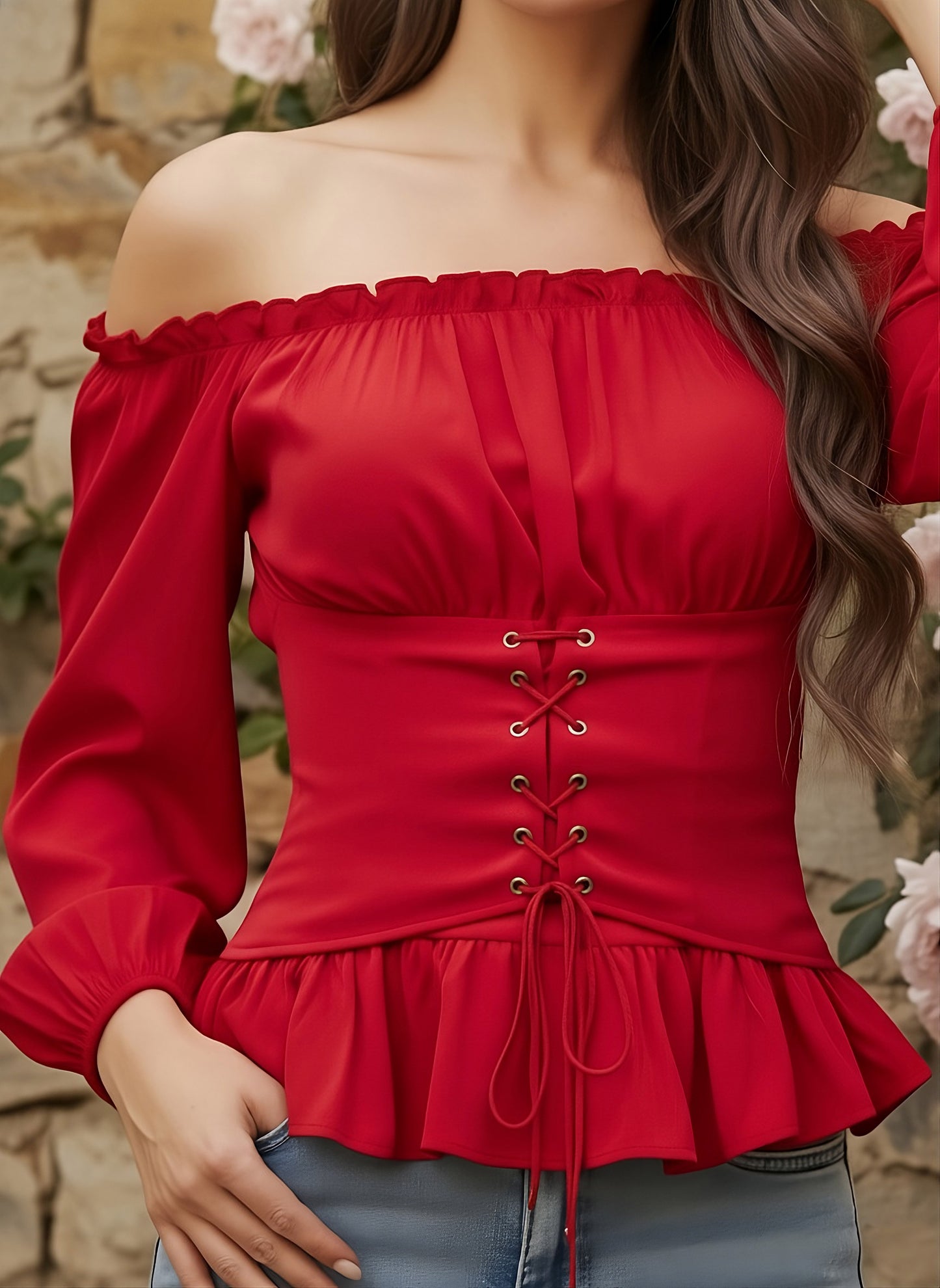 Berrylush Women Red Solid Off-Shoulder Neck Bishop Sleeves Lace-Up Crepe Smocked Crop Peplum Top