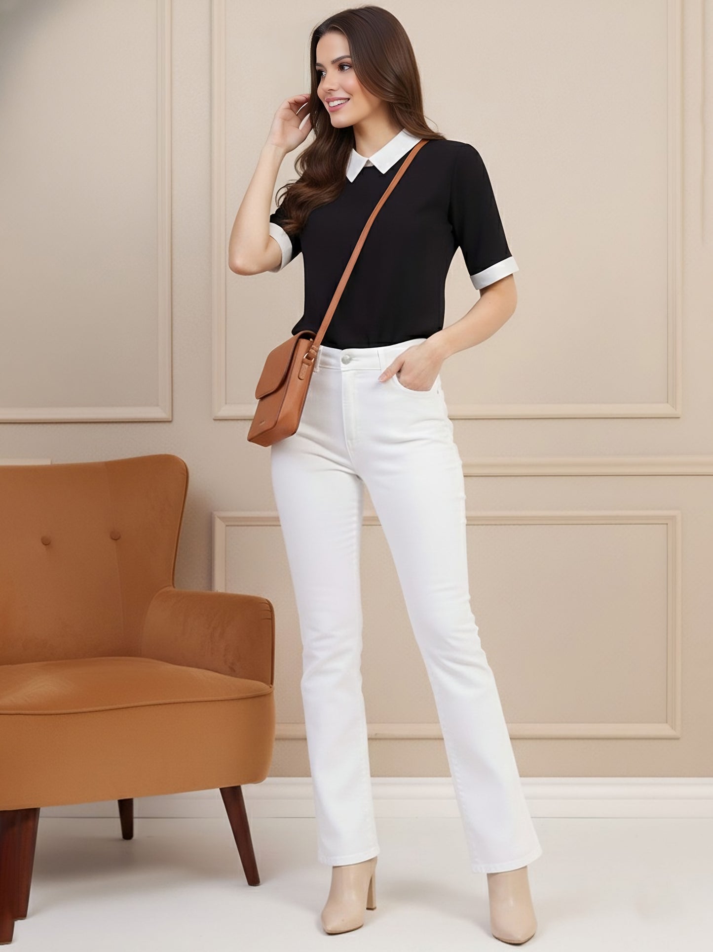 Berrylush Women Solid Black & White Contrast Spread Collar Neck Short Sleeves Back Keyhole Straight Hem Regular Top