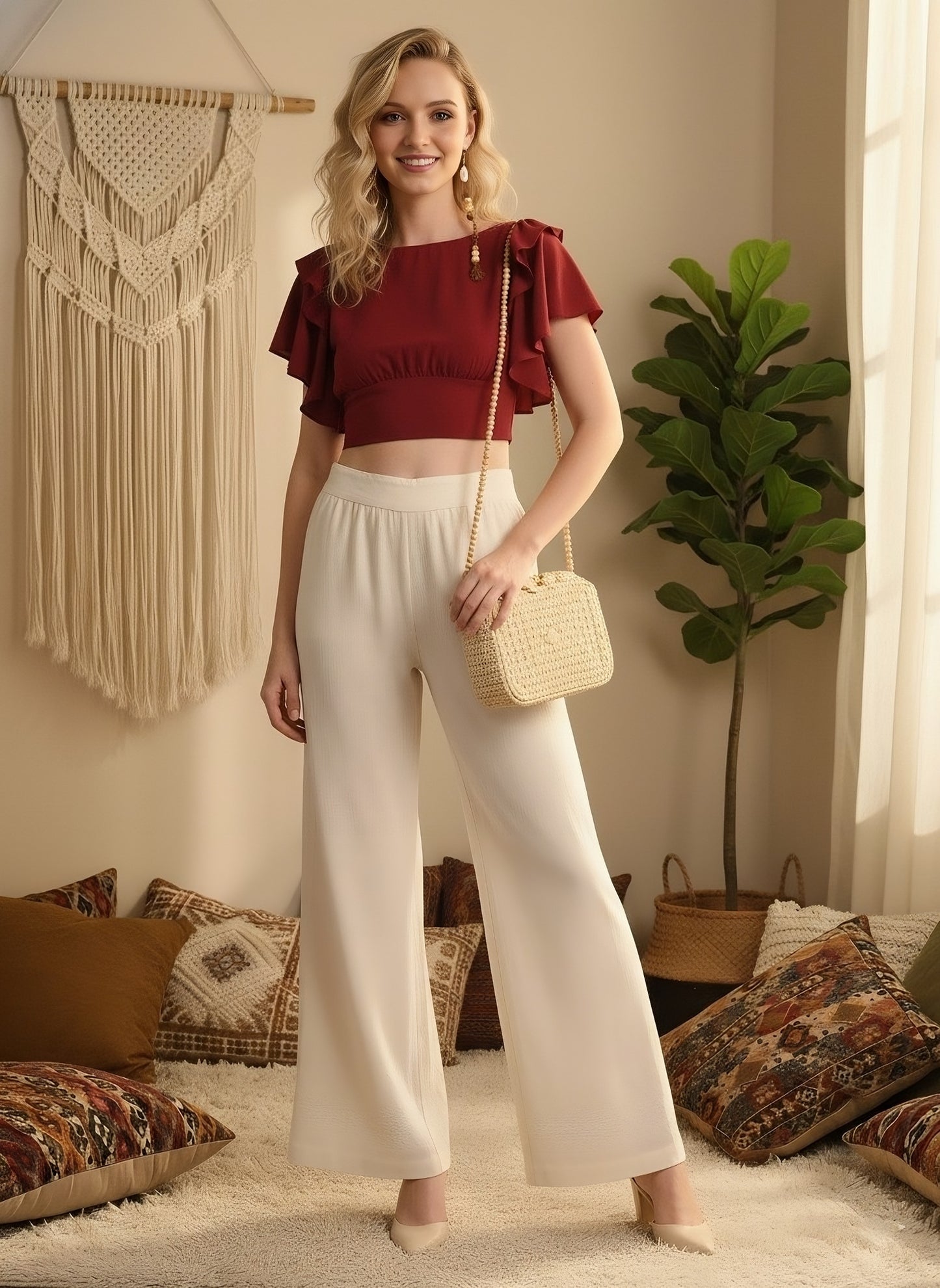 Berrylush Women Solid Red Round Neck Waist Tie-Up Crepe Blouson Crop Top