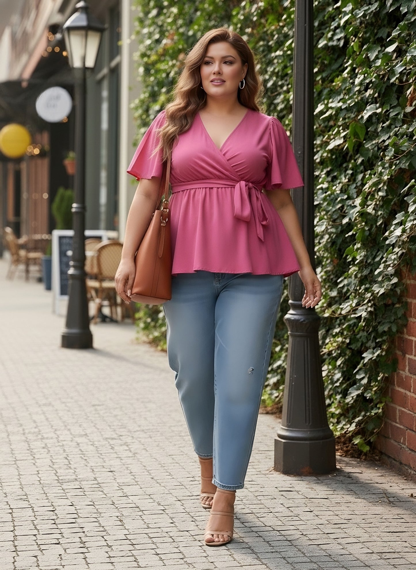 Berrylush Curve Women Solid Pink V-Neck Flared Sleeves Waist Tie-Up Pleated Regular Empire Top