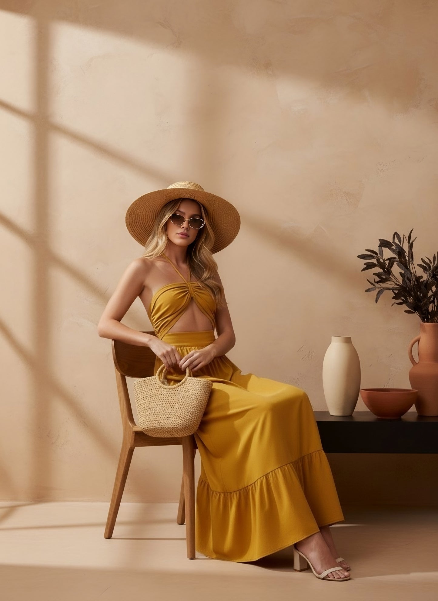 Berrylush Women Yellow Solid Halter Neck Sleeveless Tie-Ups Maxi Dress