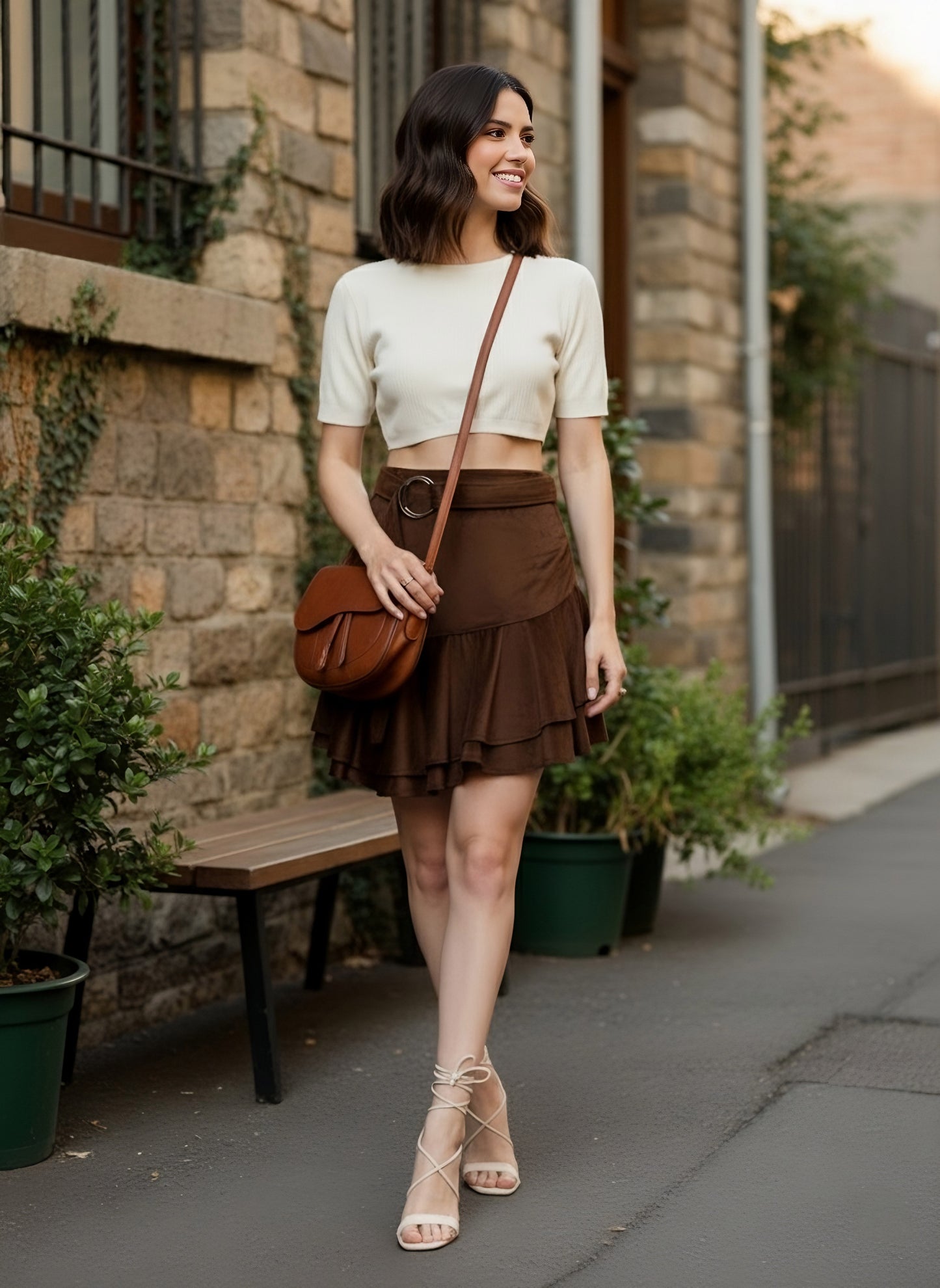 Berrylush Women Solid Brown High-Rise Waist Front Belted Cotton Blend Slip-On Wrap Flared Mini Skirt