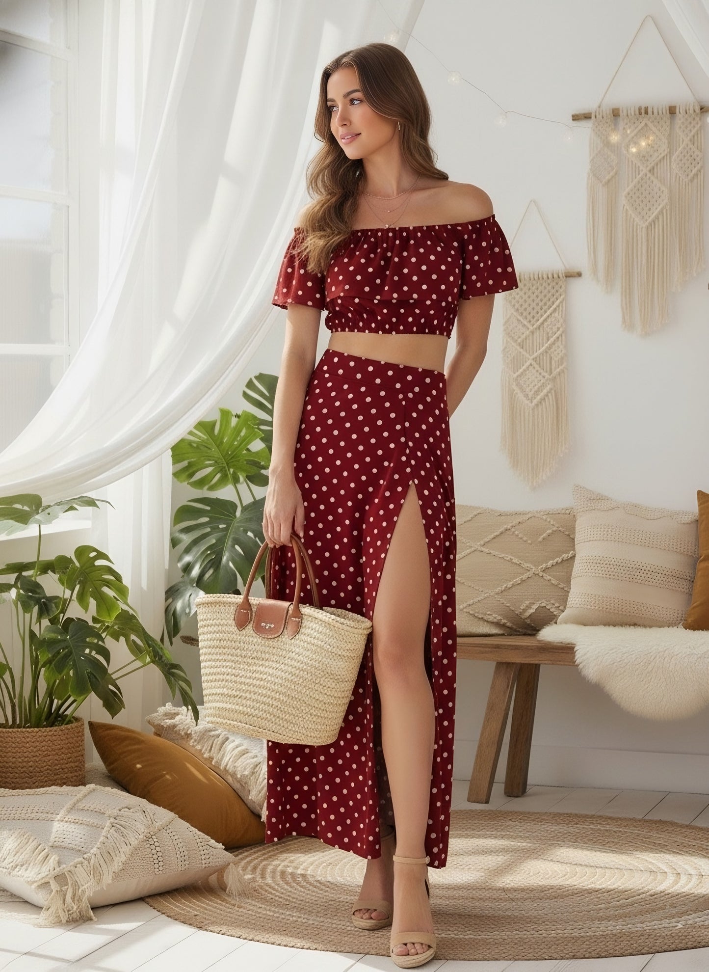 Berrylush Women Red Polka Dot Printed Off-Shoulder Co-Ord Maxi Dress