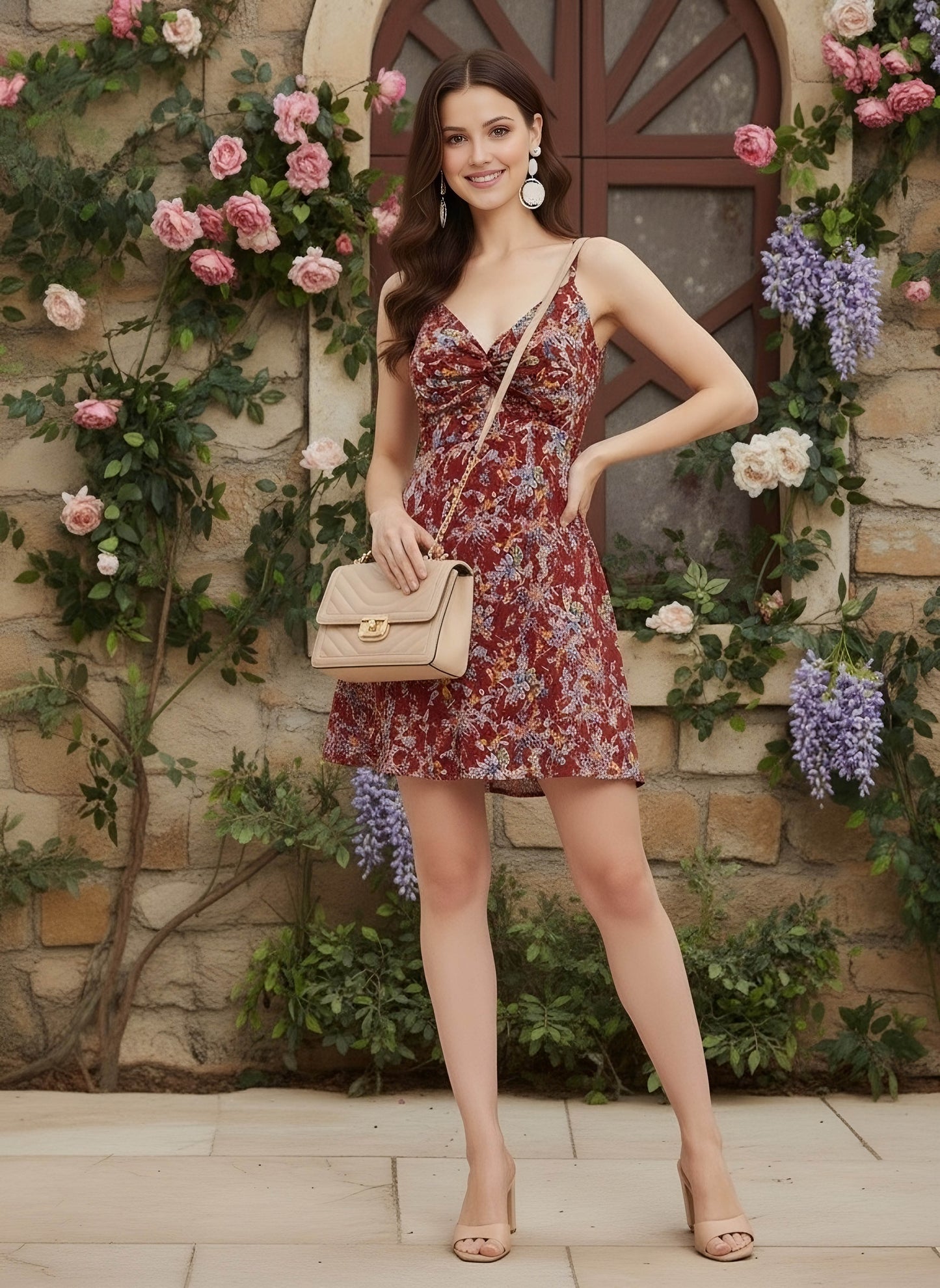 Berrylush Women Maroon Floral Printed V-Neck Front Twisted Knot Fit & Flare Mini Dress