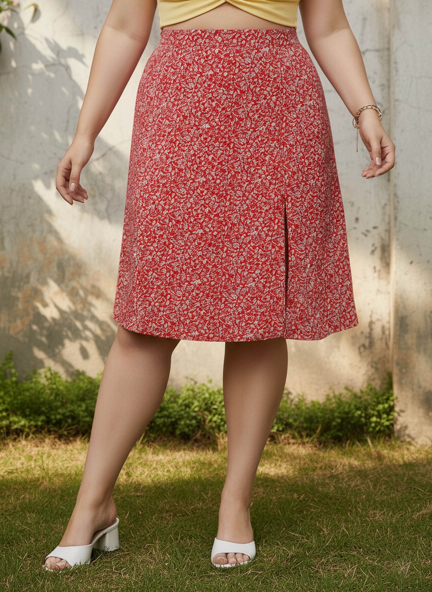 Berrylush Women Plus Size Red & White Floral Printed Thigh-High Slit Flared A-Line Midi Skirt