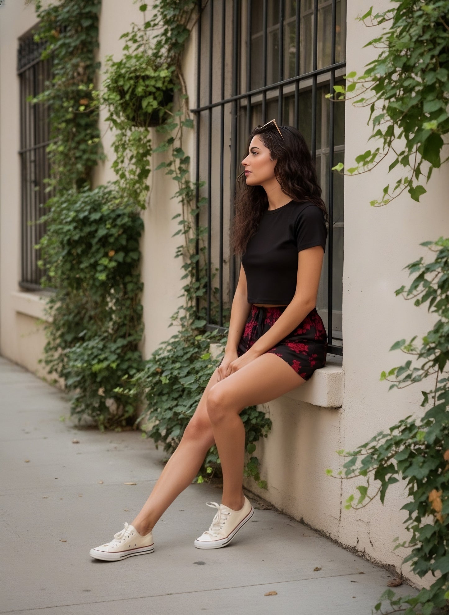 Berrylush Women Black & Red Floral Printed High-Rise Elastic Waist Tie-Up Slip-On Mini Summer Shorts