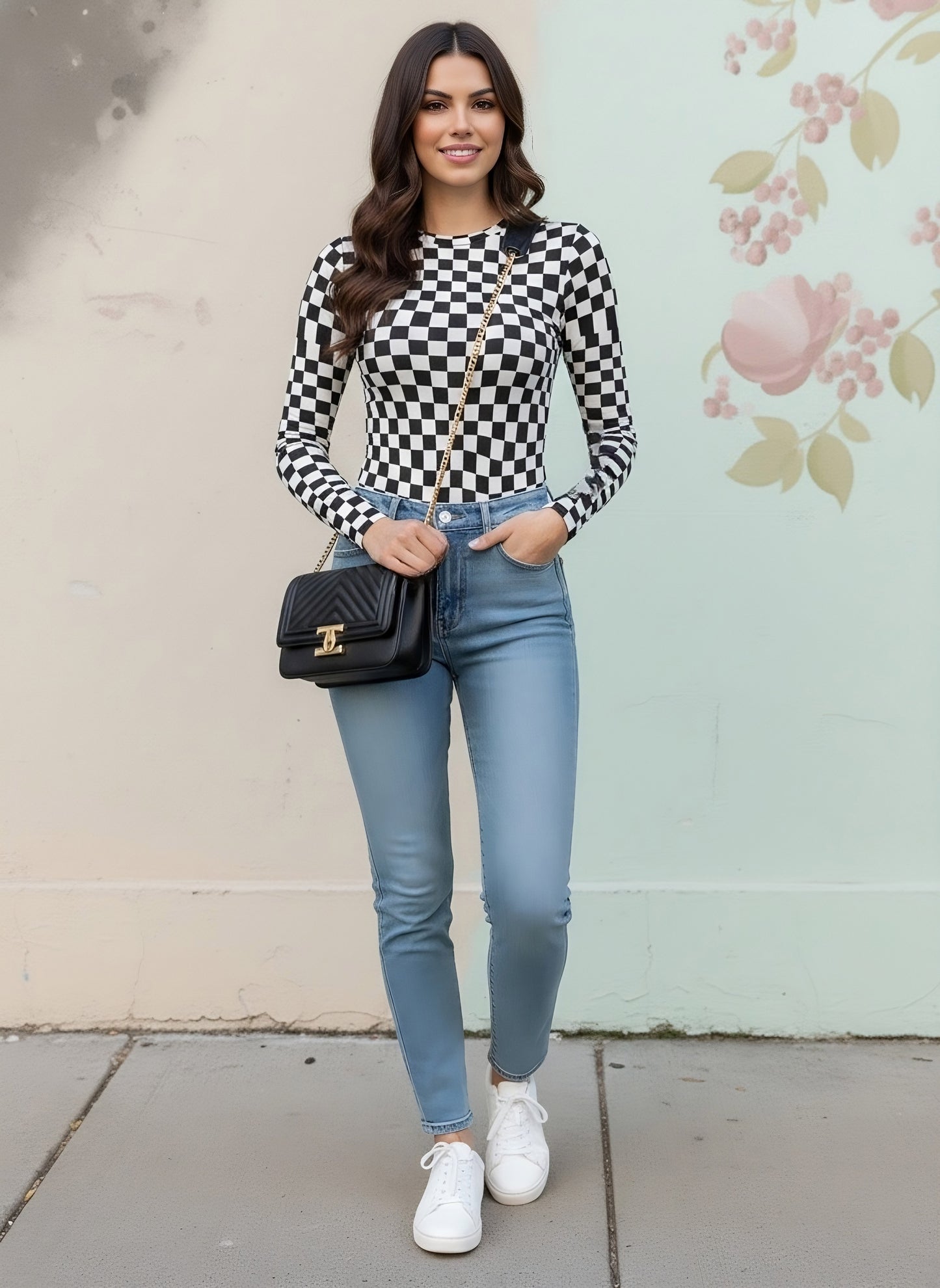 Berrylush Women White & Black Checked Pattern High Neck Slim-Fit Knitted Regular T-Shirt