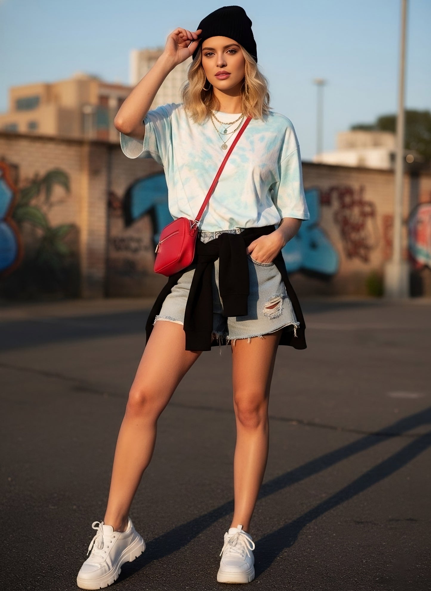 Berrylush Women White & Blue Tie-Dye Printed Round Neck Drop-Shoulder Cotton Longline T-Shirt