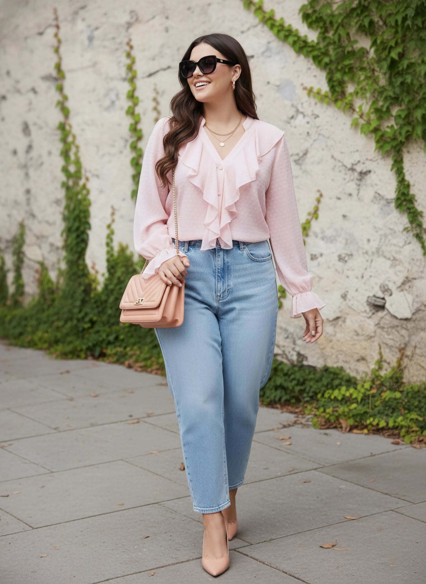 Berrylush Women Plus Size Solid Pink Dobby Weave V-Neck Puff Sleeve Button-Up Semi-Sheer Ruffled Regular Top