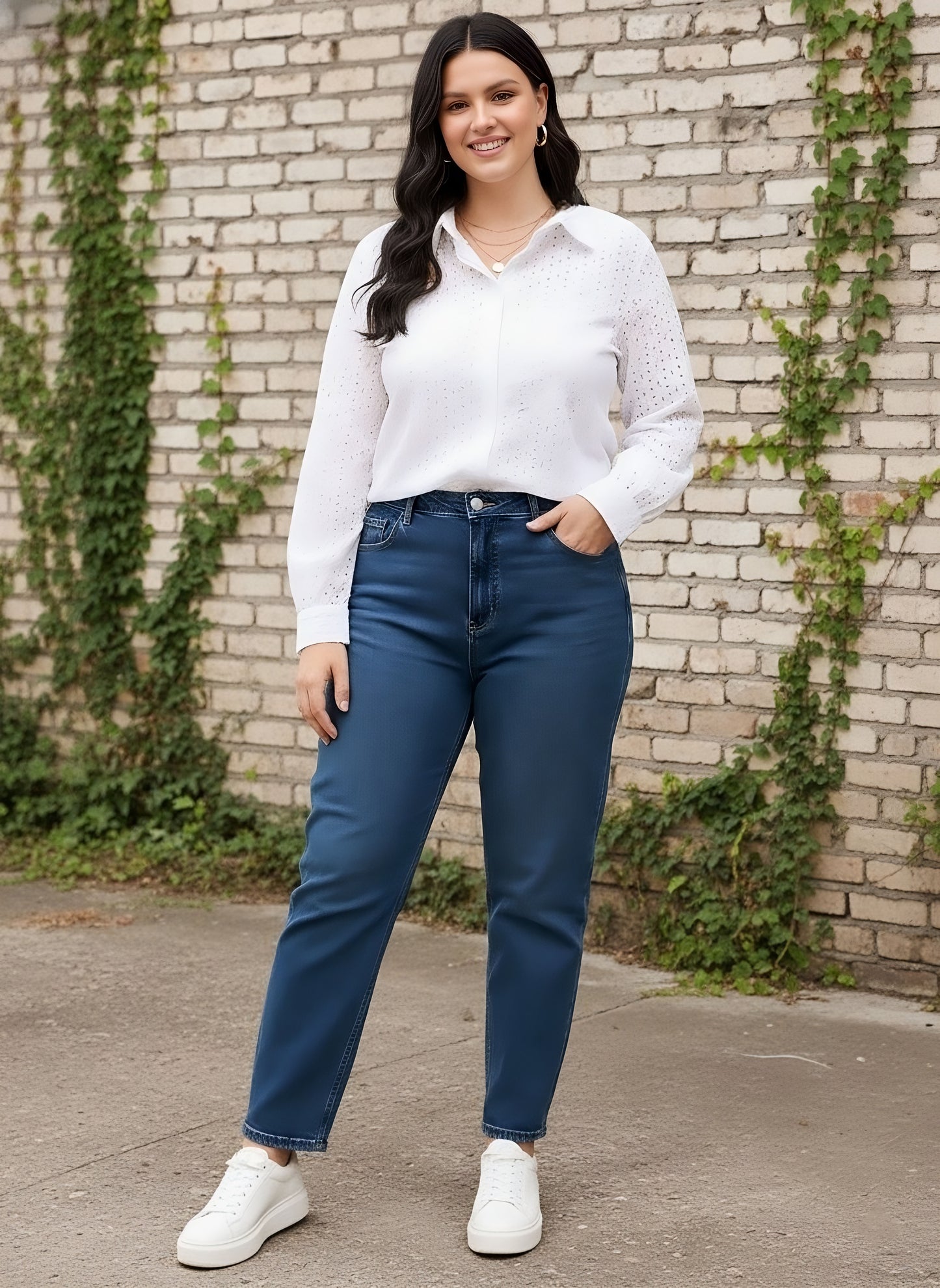 Berrylush Curve Women Solid White Spread Collar Neck Long Sleeves Schiffli Front Button-Up Straight Hem Regular Shirt