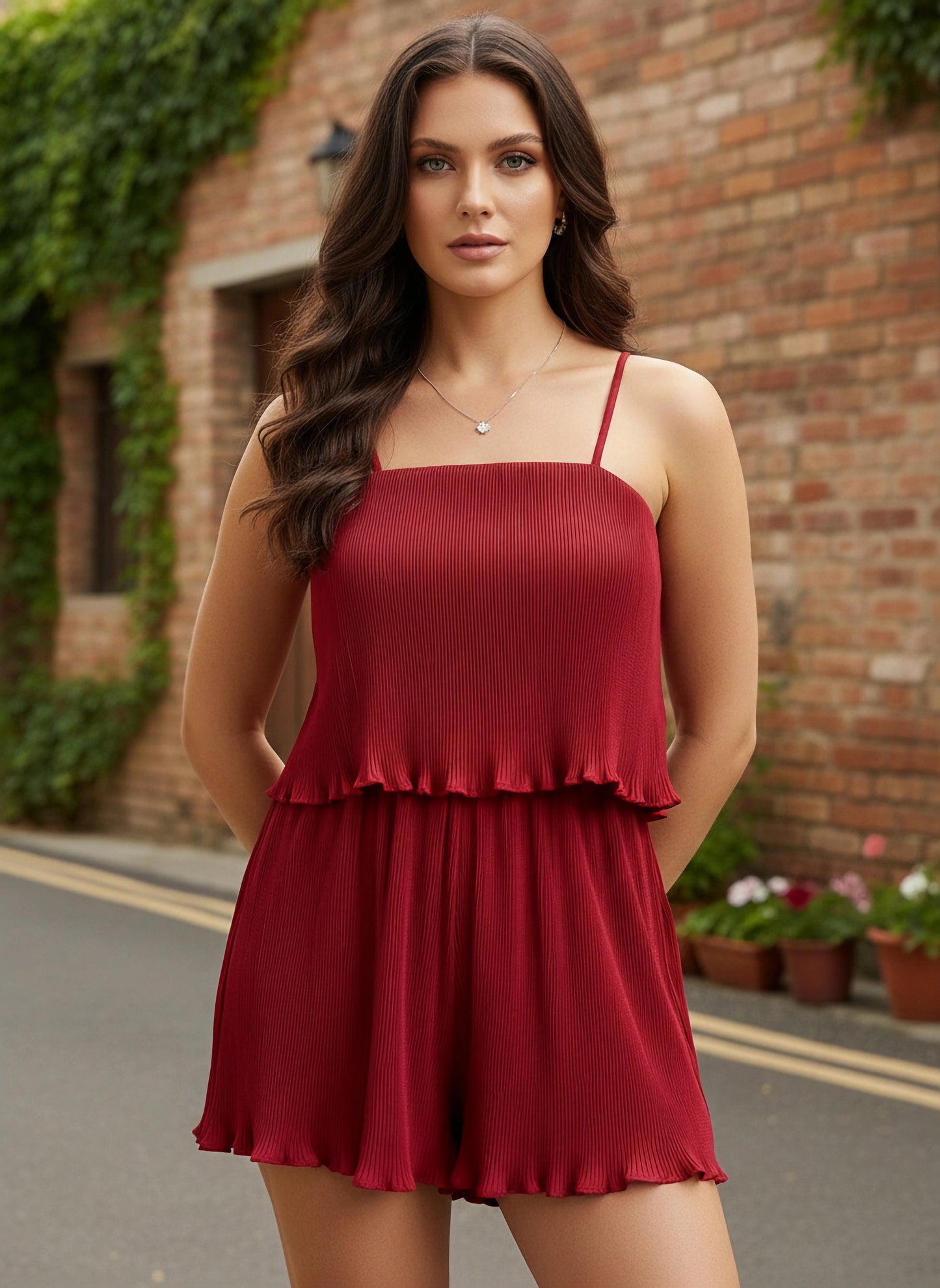 Solid Red Square Neck Sleeveless Pleated Detail Ruffled Mini Romper