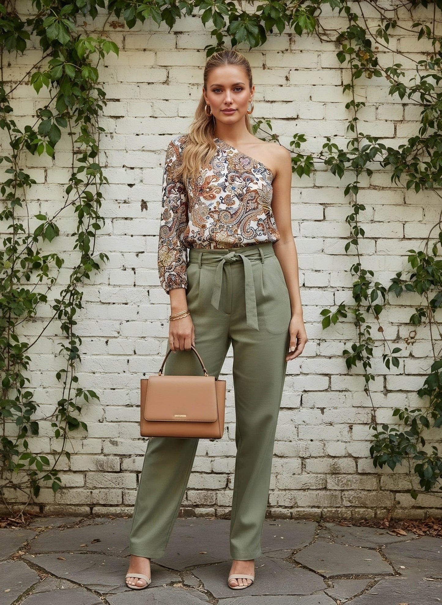 Berrylush Women White & Brown Tribal Printed One-Shoulder Neck Crepe Bohemian Top