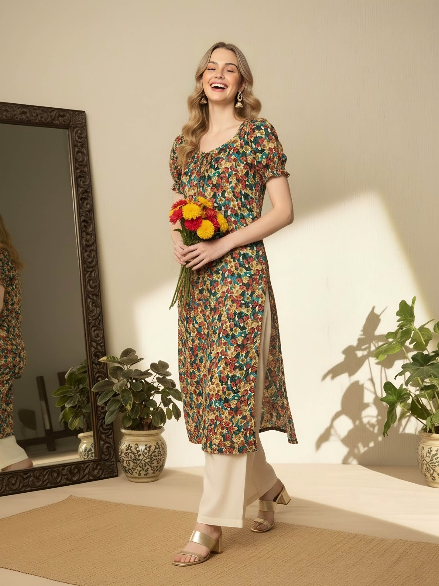 Berrylush Women Red, Green, & Yellow Floral Printed Sweetheart Neck Front Tie-Up Side-Slit Straight Hem Calf Length Kurta